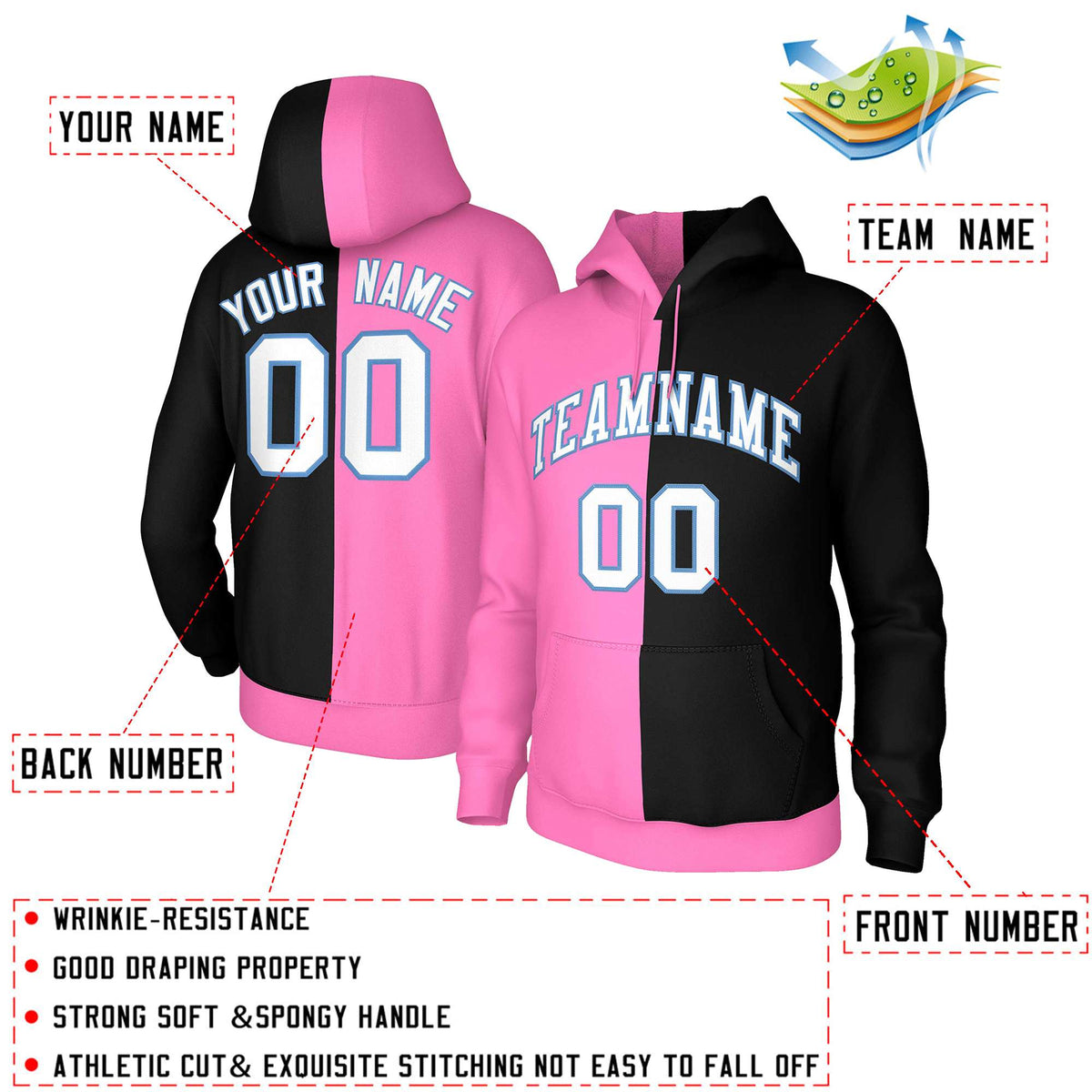 Custom Pink Black White-Light Blue Split Fashion Stitched Sportwear Pullover Hoodie| KXKSHOP
