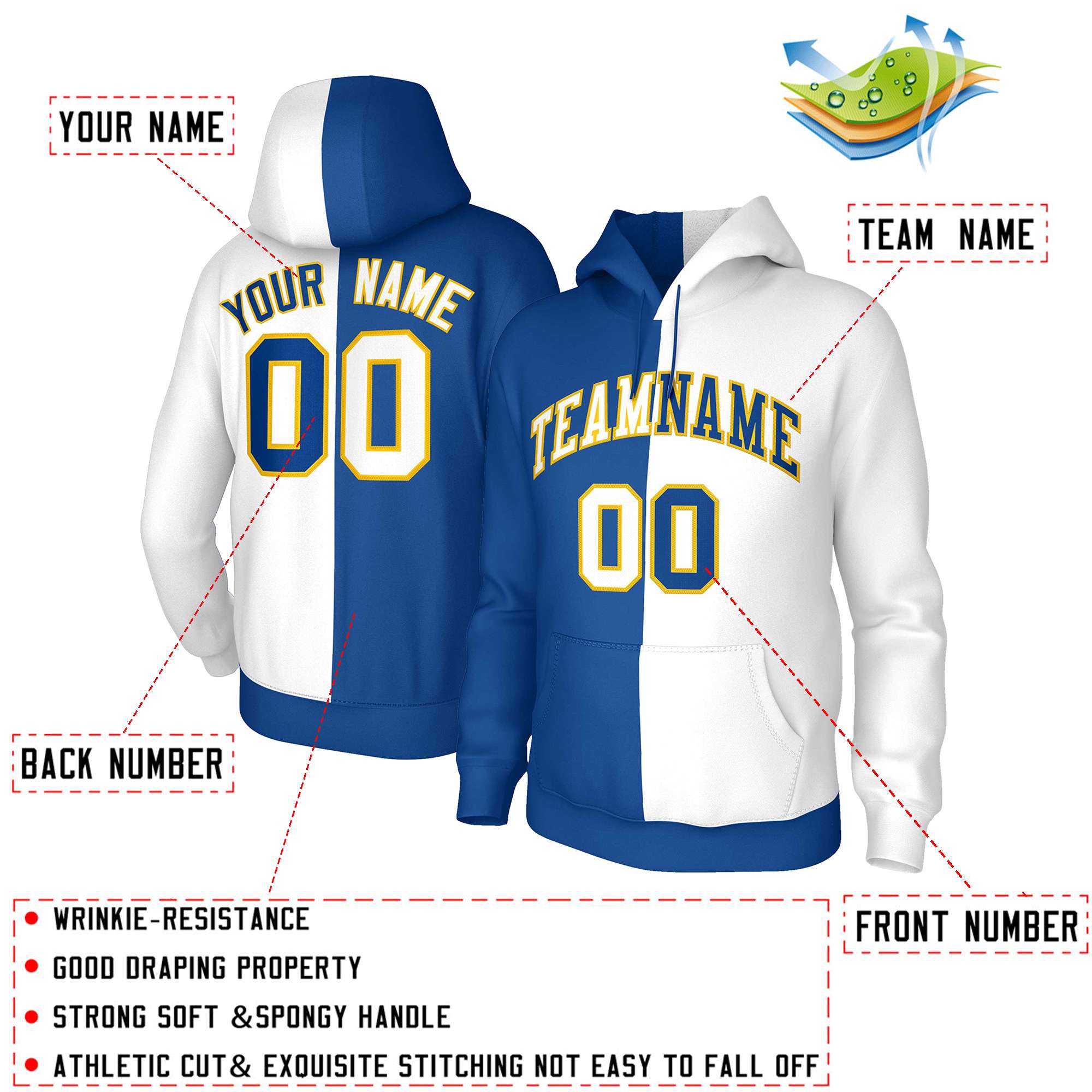 Custom Royal White White-Gold Split Fashion Stitched Sportwear Pullover Hoodie| KXKSHOP