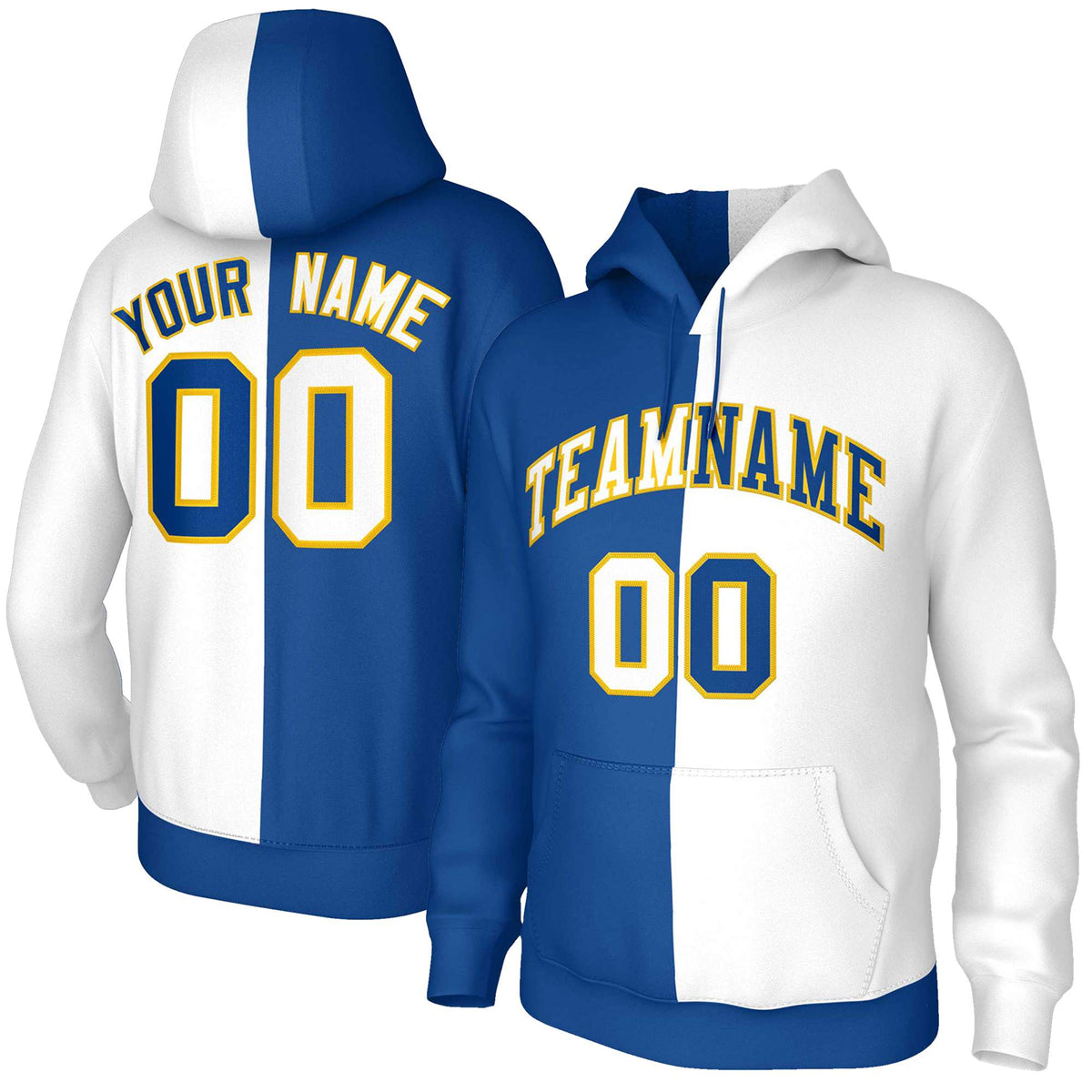 Custom Royal White White-Gold Split Fashion Stitched Sportwear Pullover Hoodie| KXKSHOP