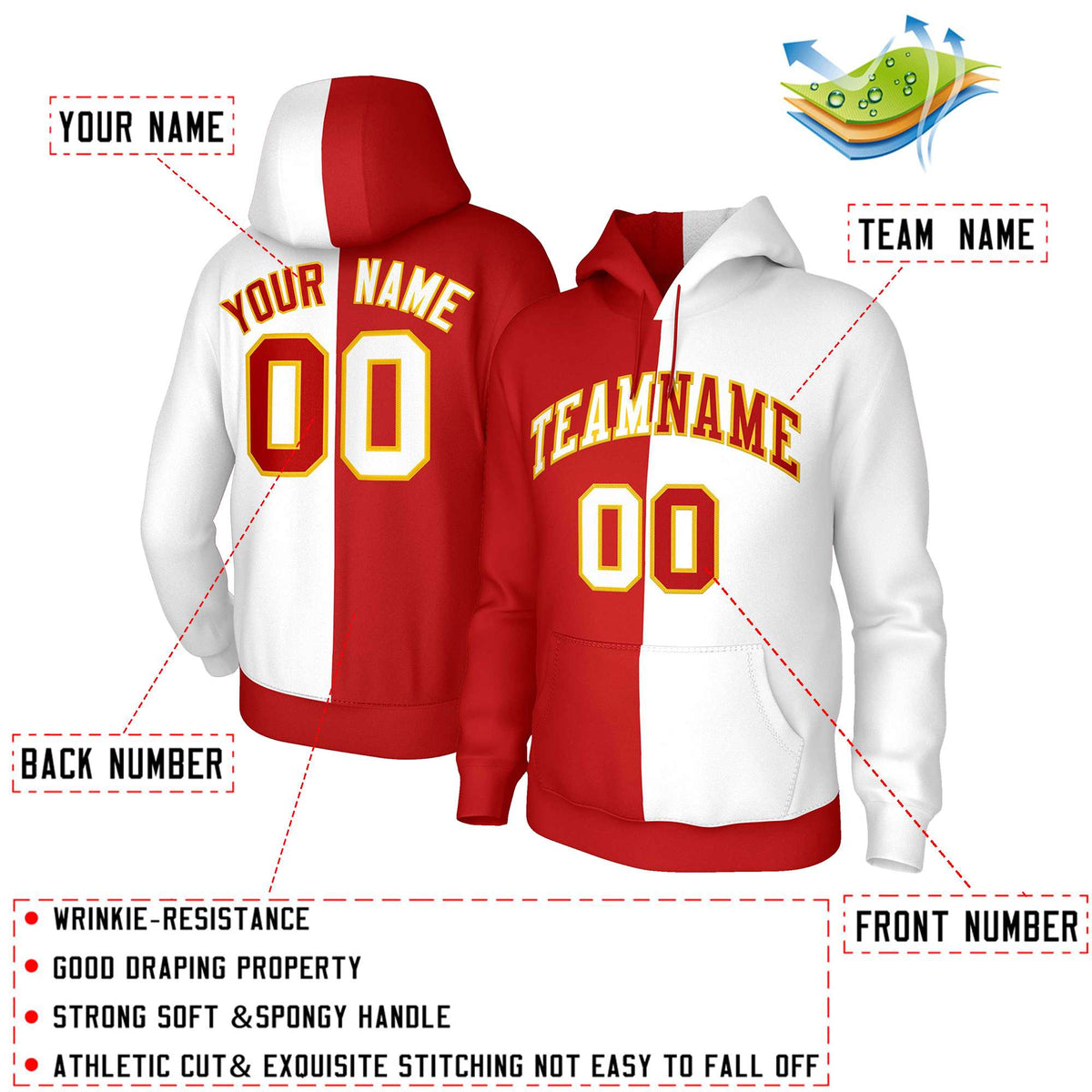 Custom Red White White-Gold Split Fashion Stitched Sportwear Pullover Hoodie| KXKSHOP