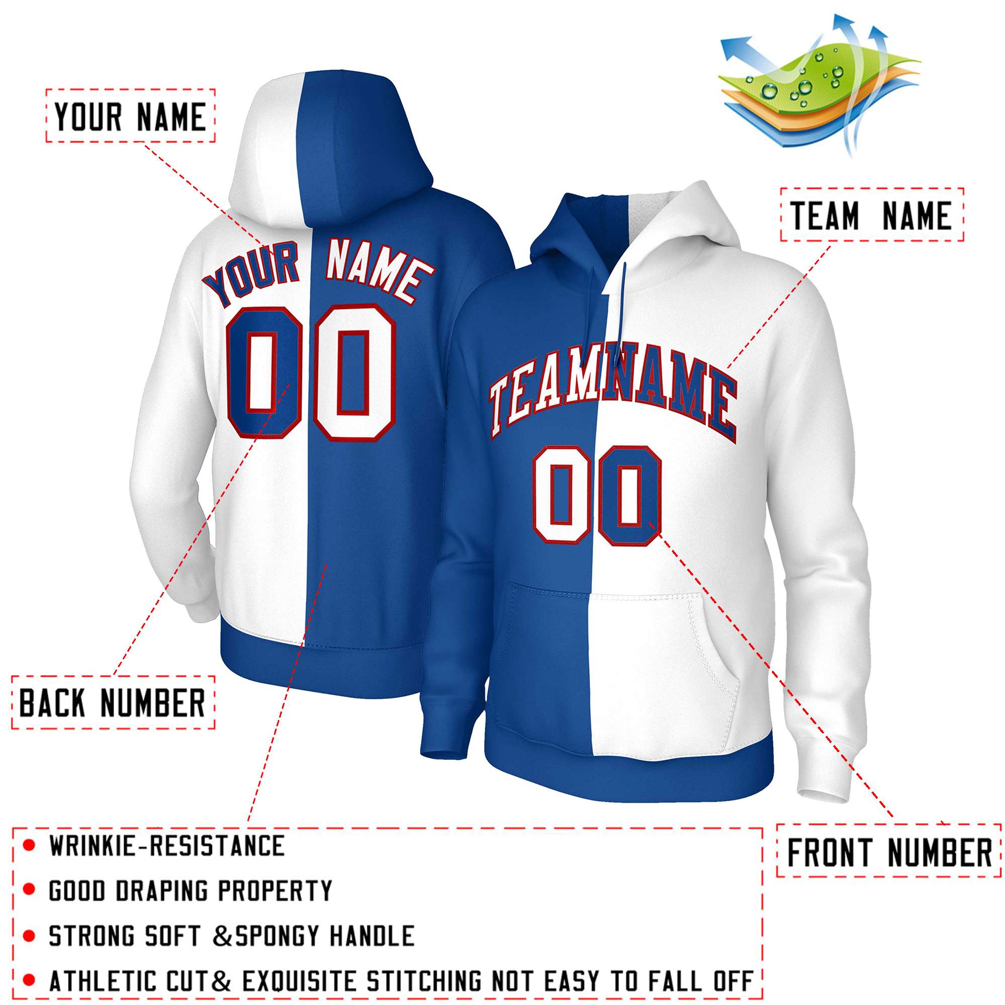 Custom Royal White White-Red Split Fashion Stitched Sportwear Pullover Hoodie| KXKSHOP