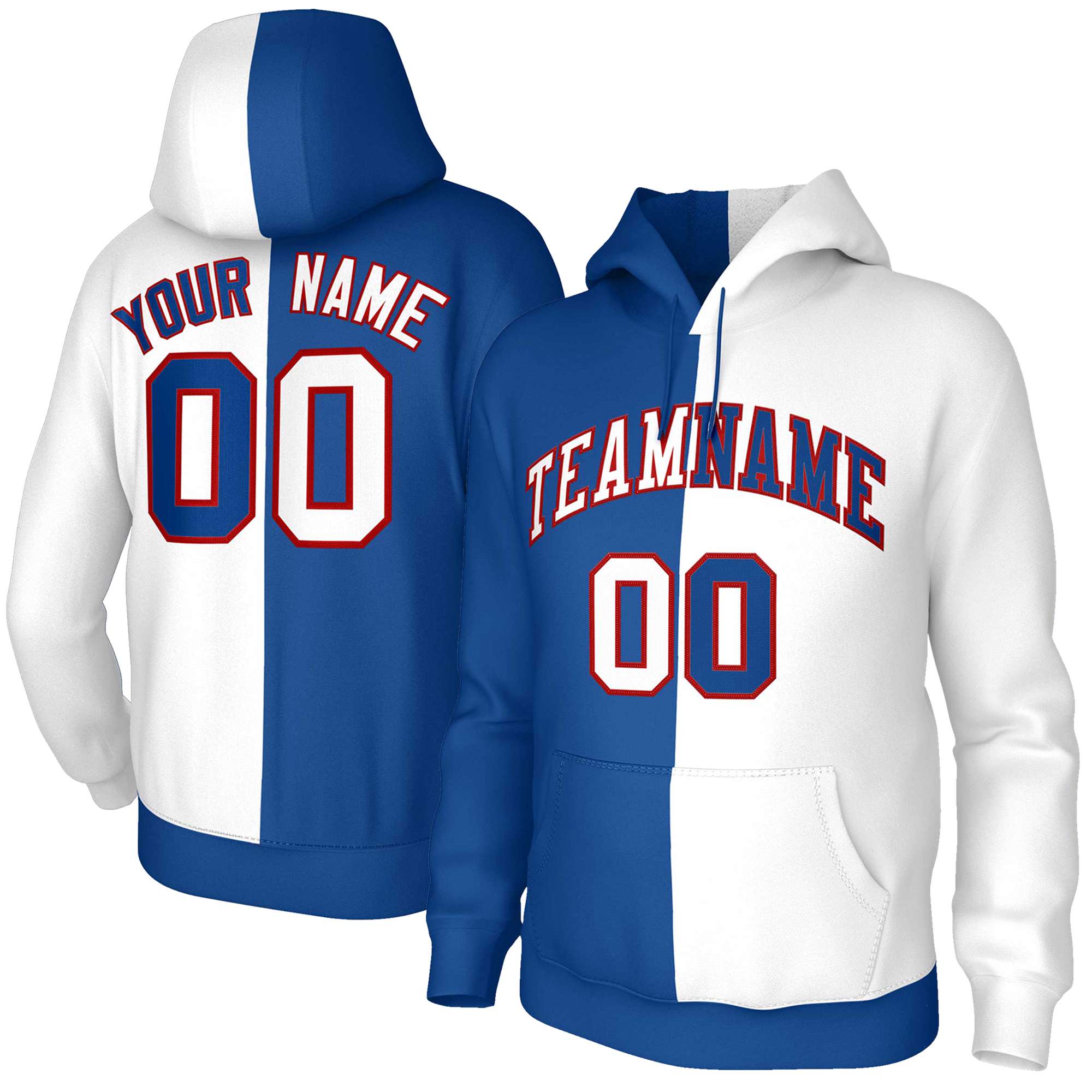 Custom Royal White White-Red Split Fashion Stitched Sportwear Pullover Hoodie| KXKSHOP