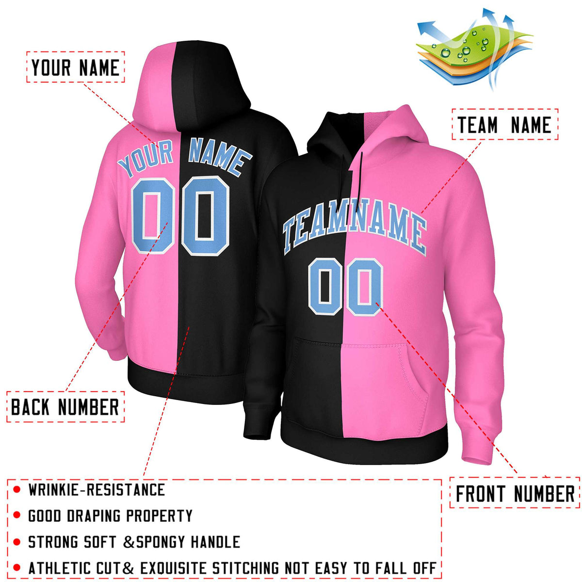 Custom Black Pink Light Blue-White Split Fashion Stitched Sportwear Pullover Hoodie| KXKSHOP