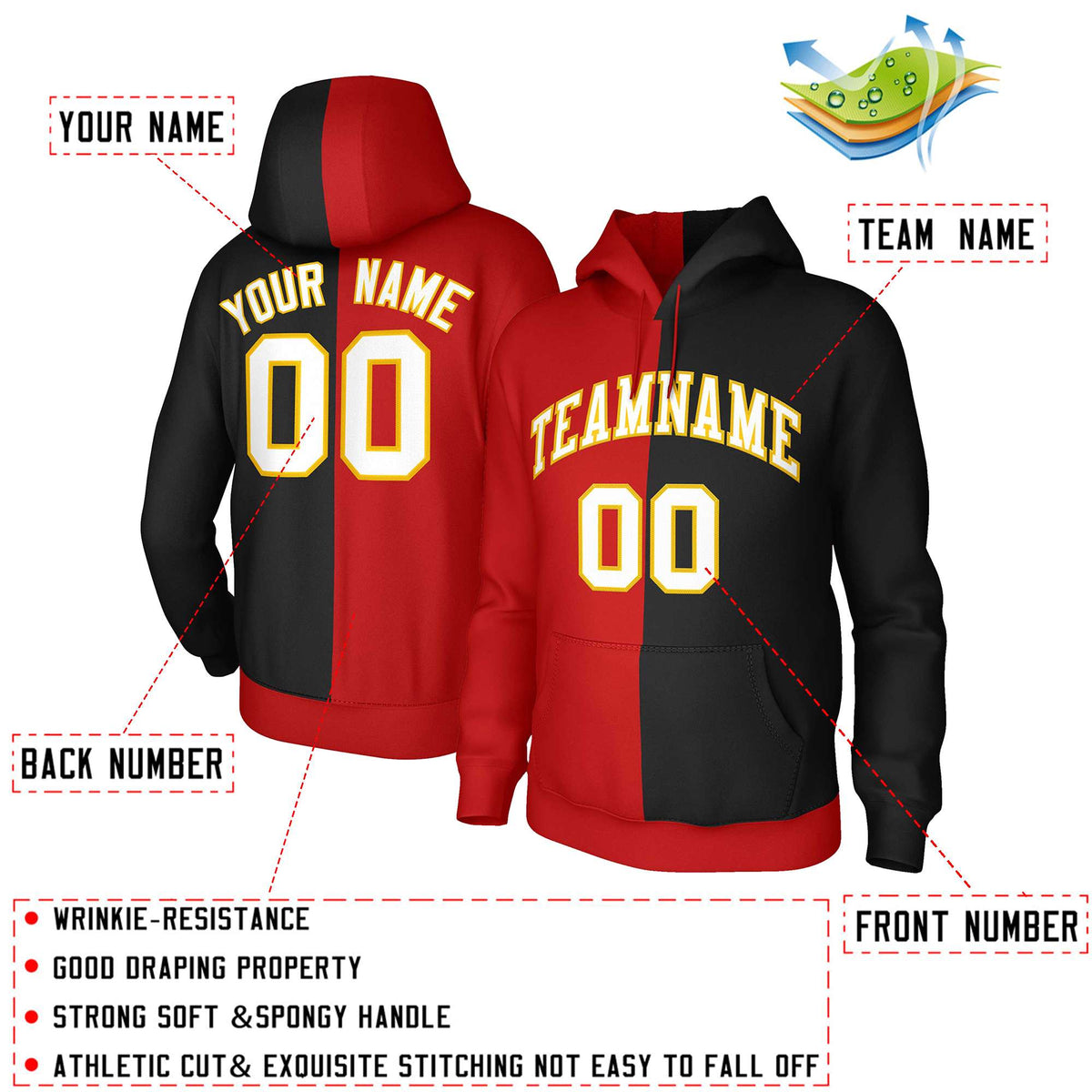 Custom Red Black White-Gold Split Fashion Stitched Sportwear Pullover Hoodie| KXKSHOP