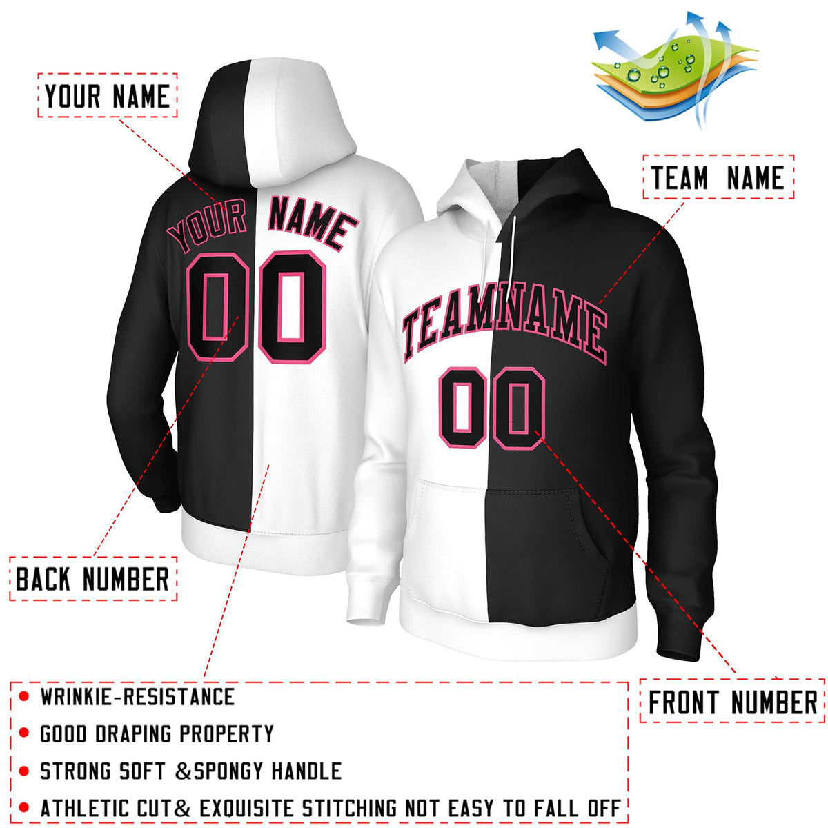 Custom White Black-Pink Split Fashion Stitched Sportwear Pullover Hoodie| KXKSHOP