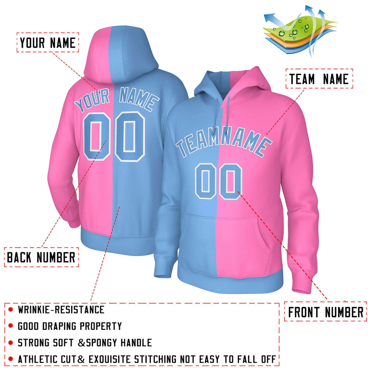 Custom Light Blue Pink Light Blue-White Split Fashion Stitched Sportwear Pullover Hoodie| KXKSHOP