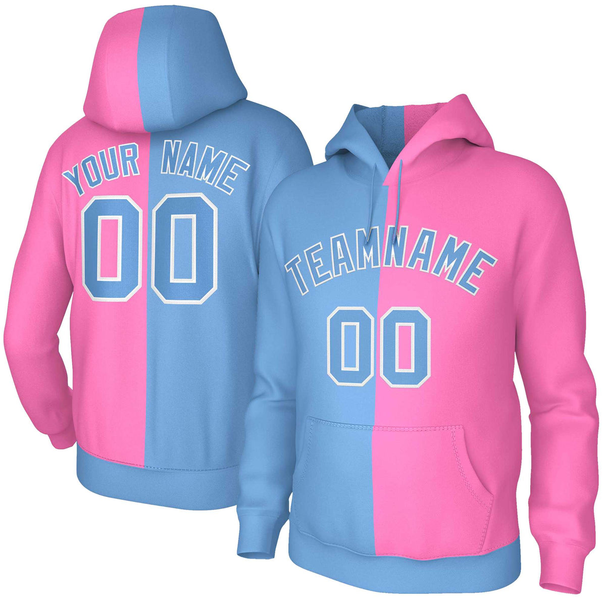 Custom Light Blue Pink Light Blue-White Split Fashion Stitched Sportwear Pullover Hoodie| KXKSHOP