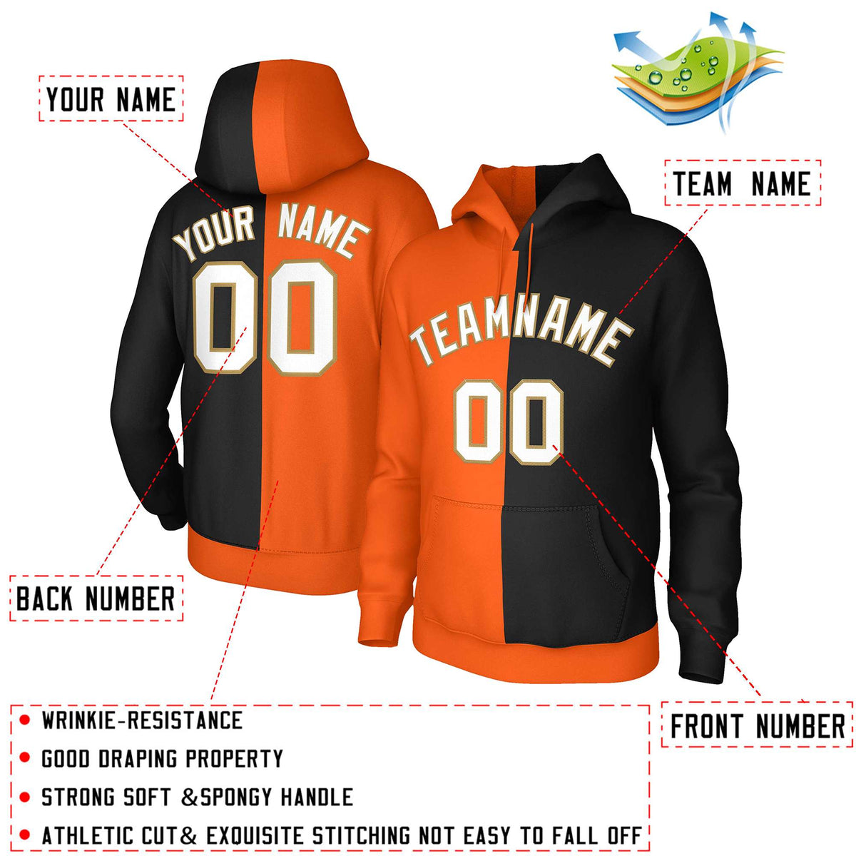 Custom Orange Black White-Old Gold Split Fashion Stitched Sportwear Pullover Hoodie| KXKSHOP