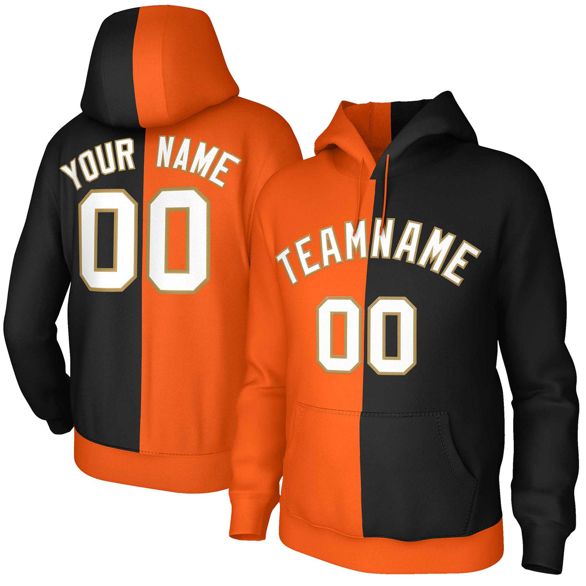 Custom Orange Black White-Old Gold Split Fashion Stitched Sportwear Pullover Hoodie| KXKSHOP