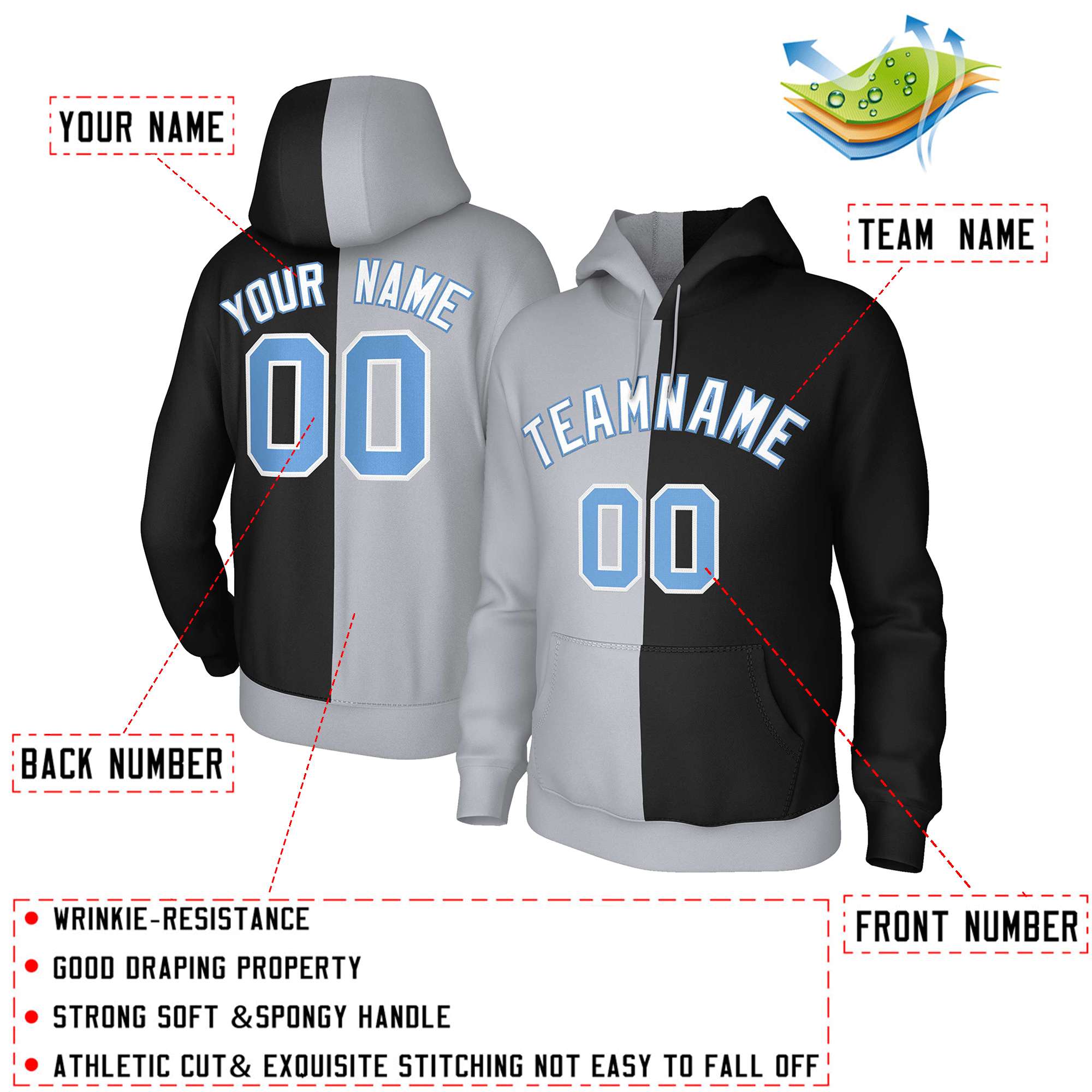 Custom Gray Black White-Light Blue Split Fashion Stitched Sportwear Pullover Hoodie| KXKSHOP