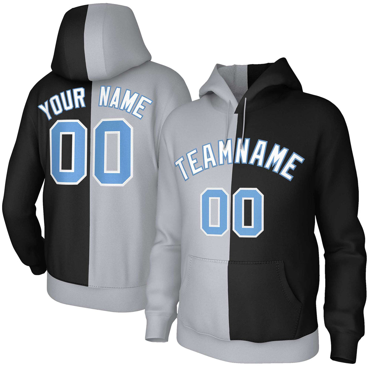 Custom Gray Black White-Light Blue Split Fashion Stitched Sportwear Pullover Hoodie| KXKSHOP