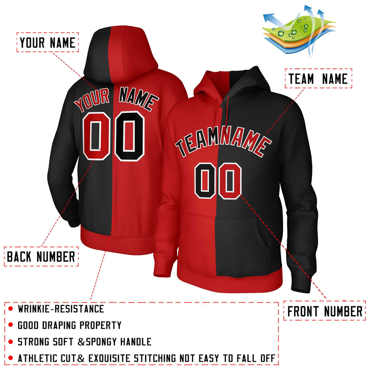 Custom Red Black-White Split Fashion Stitched Sportwear Pullover Hoodie| KXKSHOP