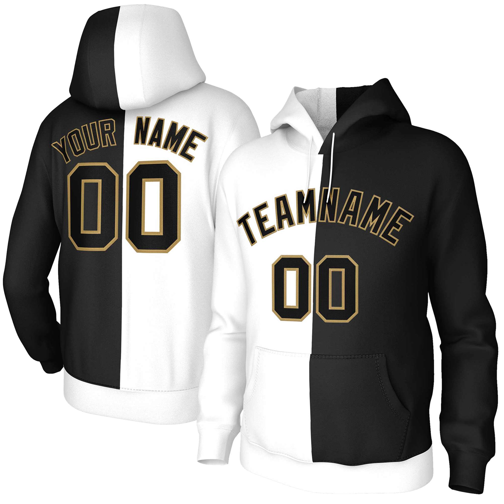 Custom White Black-Old Gold Split Fashion Stitched Sportwear Pullover Hoodie| KXKSHOP
