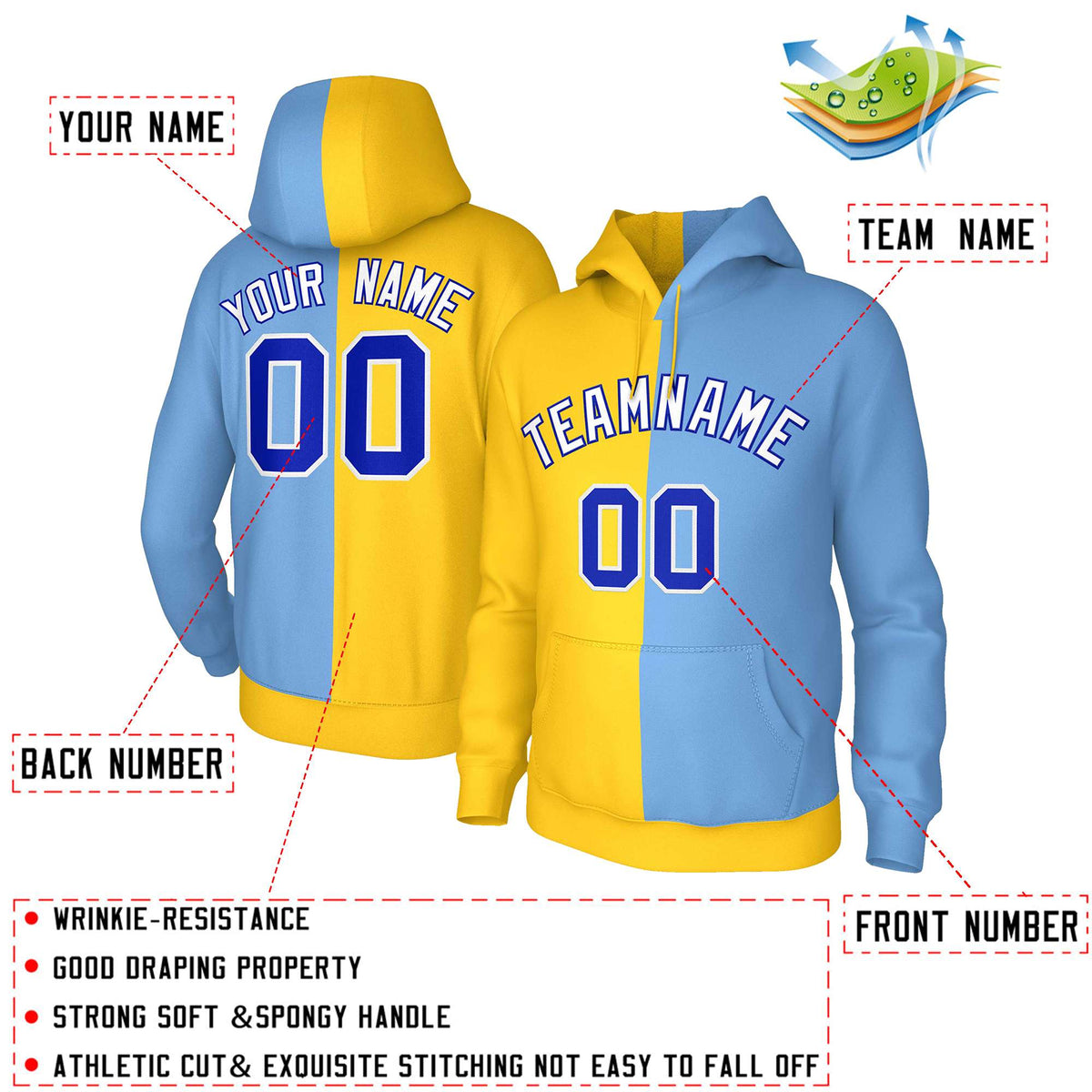 Custom Gold Light Blue White-Royal Split Fashion Stitched Sportwear Pullover Hoodie| KXKSHOP