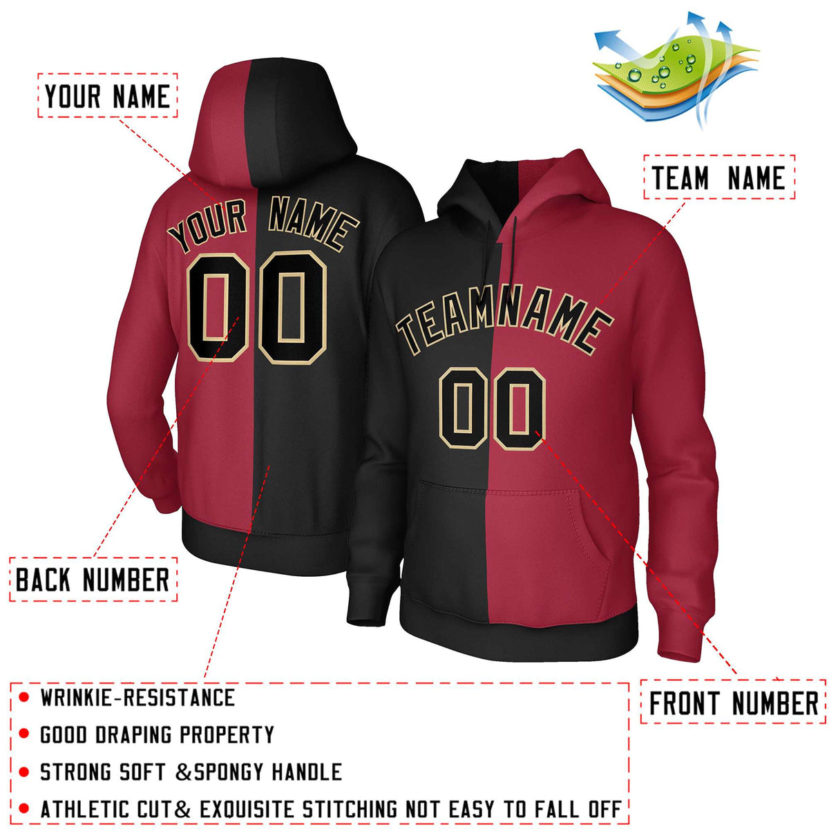 Custom Black Crimson Black-Old Gold Split Fashion Stitched Sportwear Pullover Hoodie| KXKSHOP
