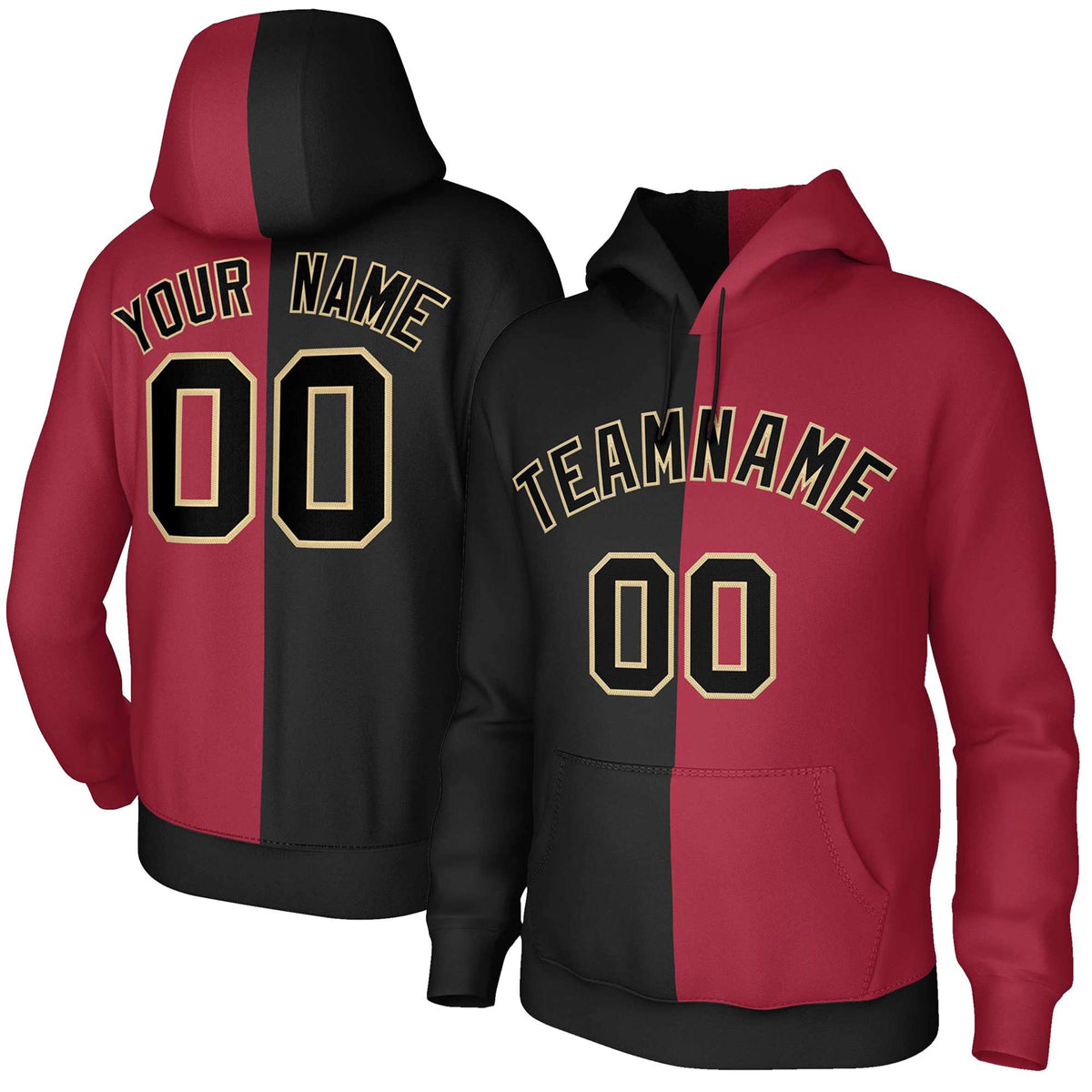 Custom Black Crimson Black-Old Gold Split Fashion Stitched Sportwear Pullover Hoodie| KXKSHOP