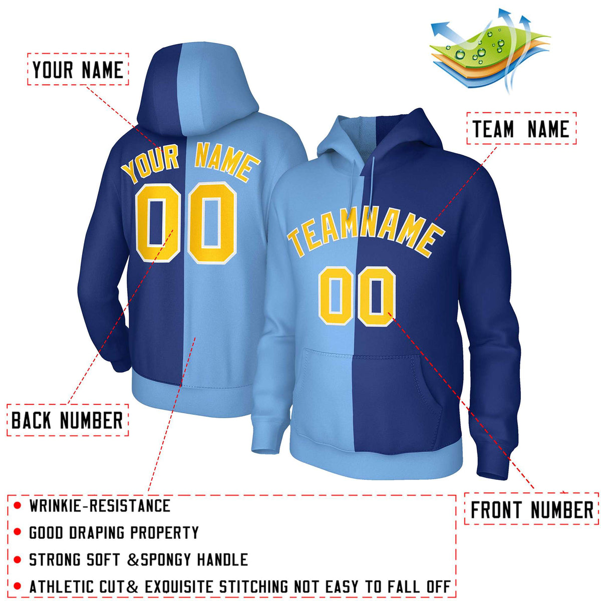 Custom Light Blue Royal Gold-White Split Fashion Stitched Sportwear Pullover Hoodie| KXKSHOP
