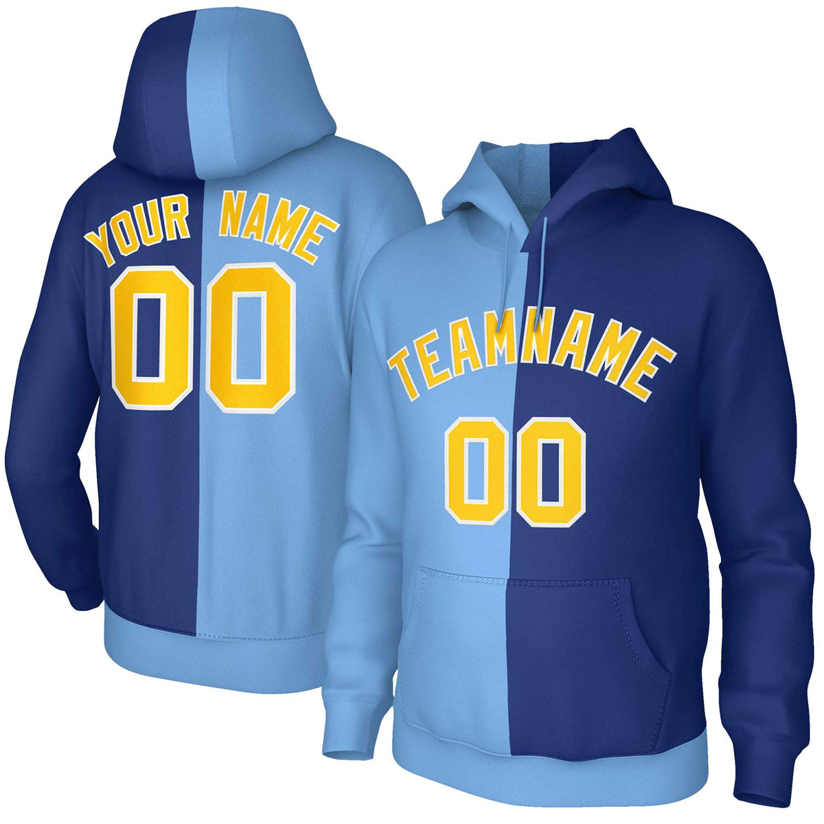 Custom Light Blue Royal Gold-White Split Fashion Stitched Sportwear Pullover Hoodie| KXKSHOP