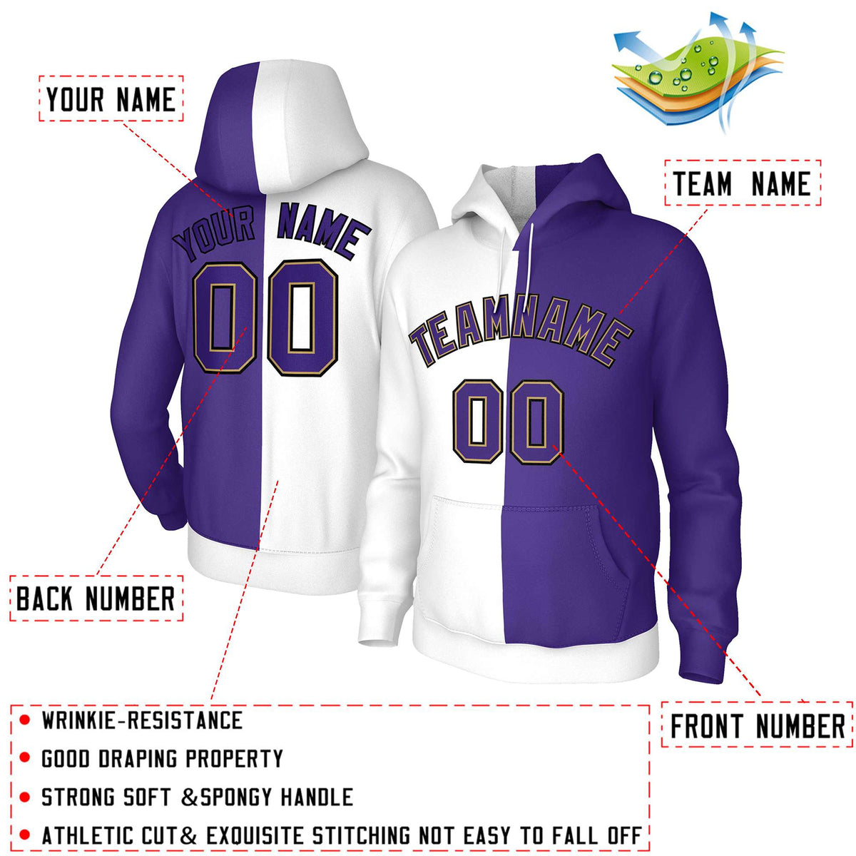 Custom White Purple Purple-Old Gold Split Fashion Stitched Sportwear Pullover Hoodie| KXKSHOP