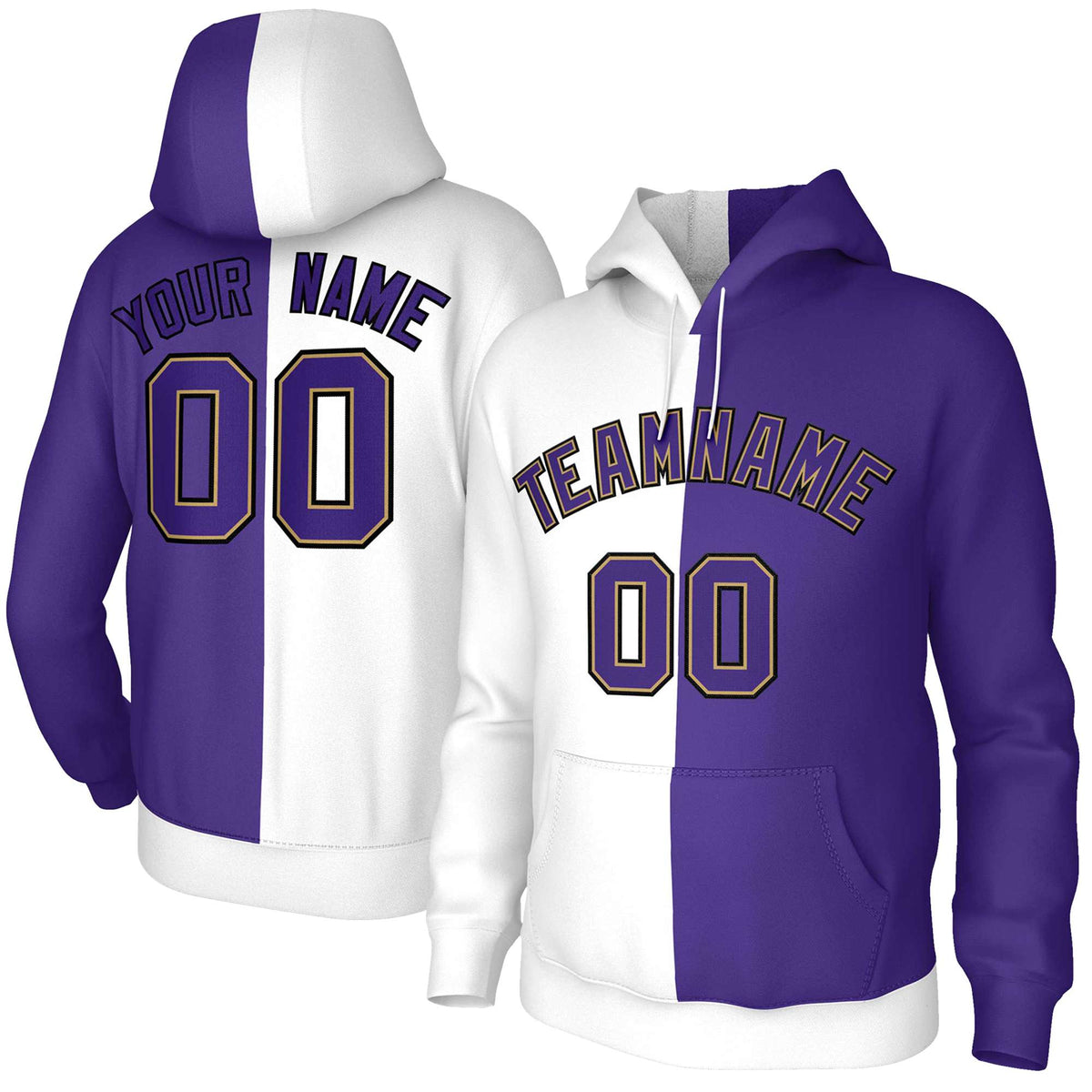 Custom White Purple Purple-Old Gold Split Fashion Stitched Sportwear Pullover Hoodie| KXKSHOP