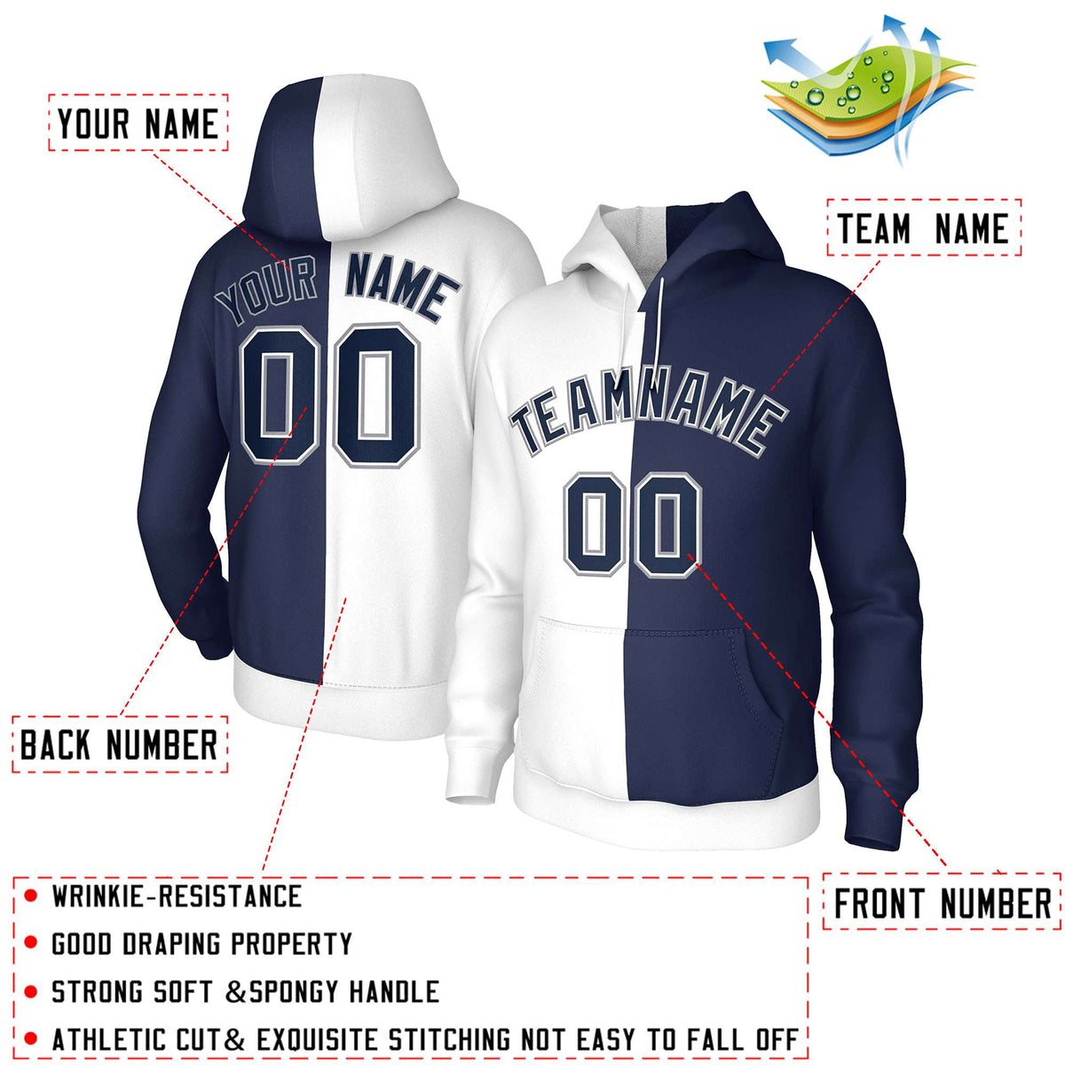 Custom White Navy Navy-White Split Fashion Stitched Sportwear Pullover Hoodie| KXKSHOP