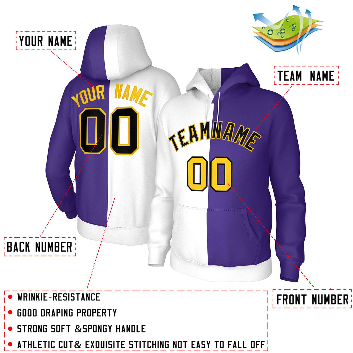 Custom White Purple Black-Gold Split Fashion Stitched Sportwear Pullover Hoodie| KXKSHOP