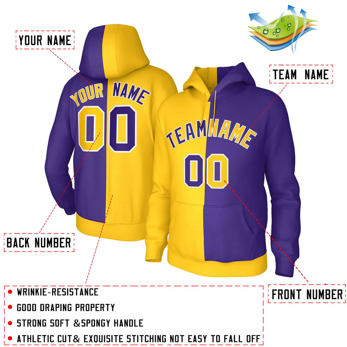 Custom Gold Purple Purple-White Split Fashion Stitched Sportwear Pullover Hoodie| KXKSHOP