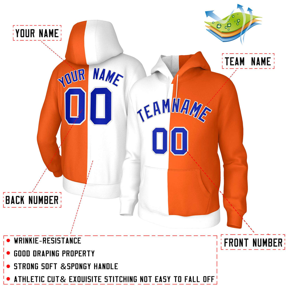 Custom White Orange Royal-White Split Fashion Stitched Sportwear Pullover Hoodie| KXKSHOP