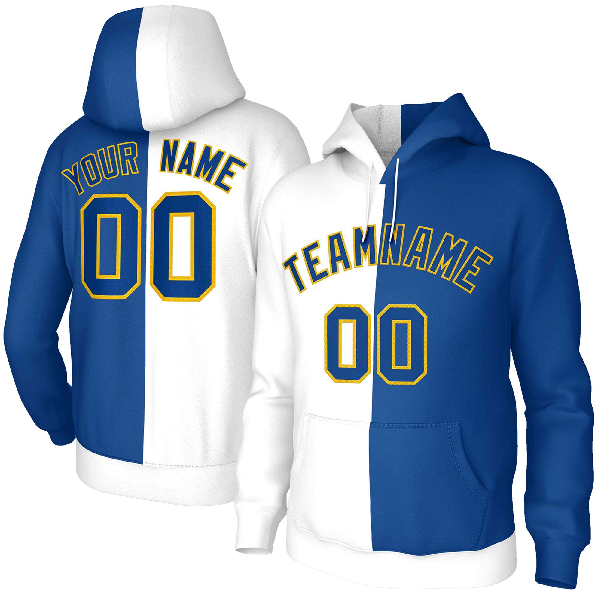 Custom White Royal Royal-Gold Split Fashion Stitched Sportwear Pullover Hoodie| KXKSHOP