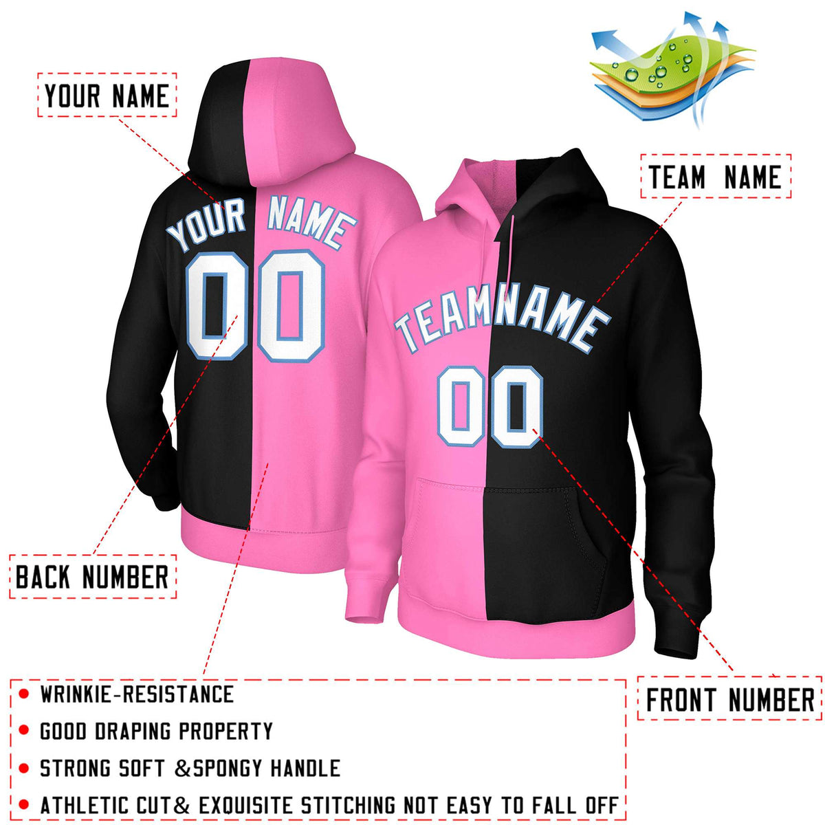 Custom Pink Black White-Light Blue Split Fashion Stitched Sportwear Pullover Hoodie| KXKSHOP