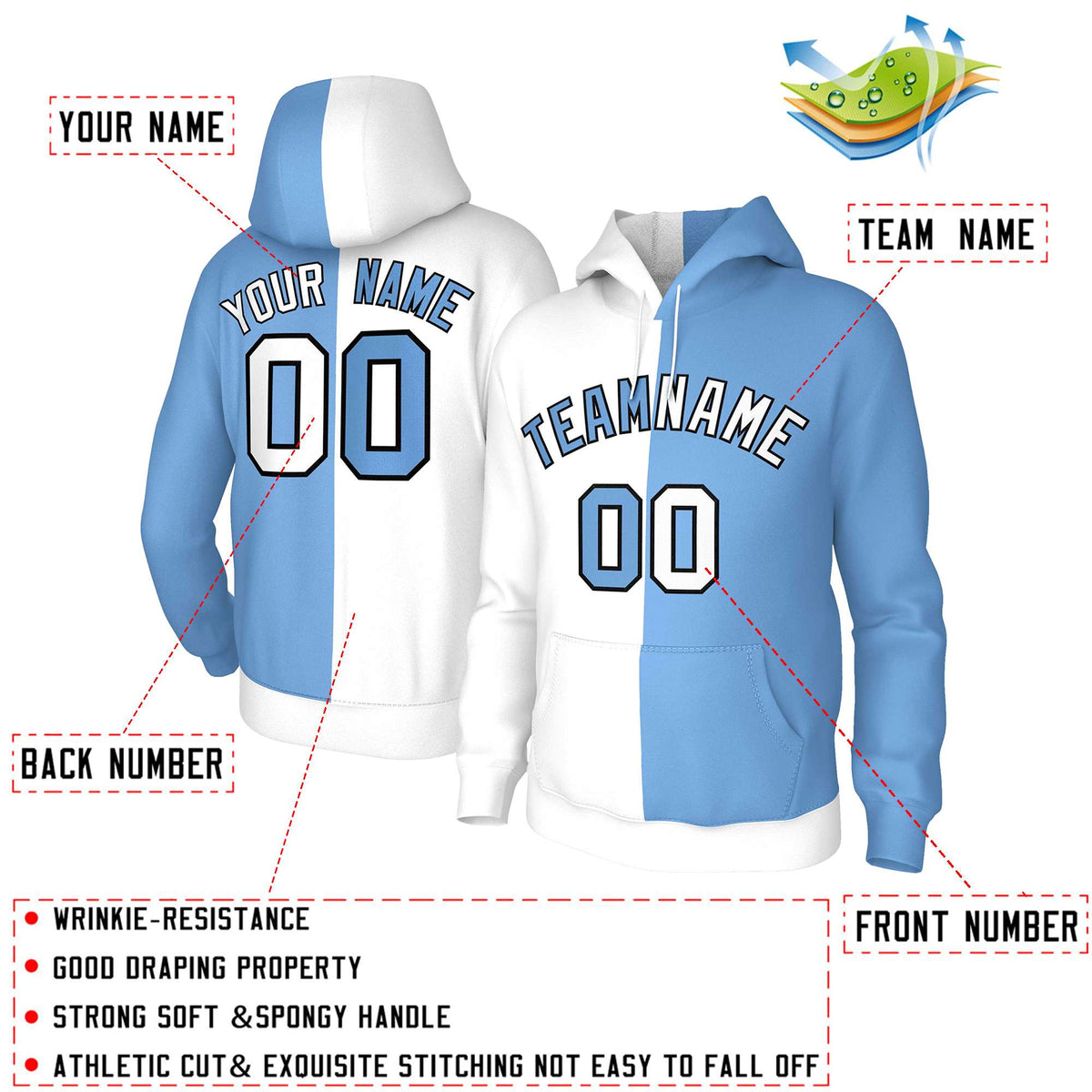 Custom White Light Blue Light Blue-Black Split Fashion Stitched Sportwear Pullover Hoodie| KXKSHOP