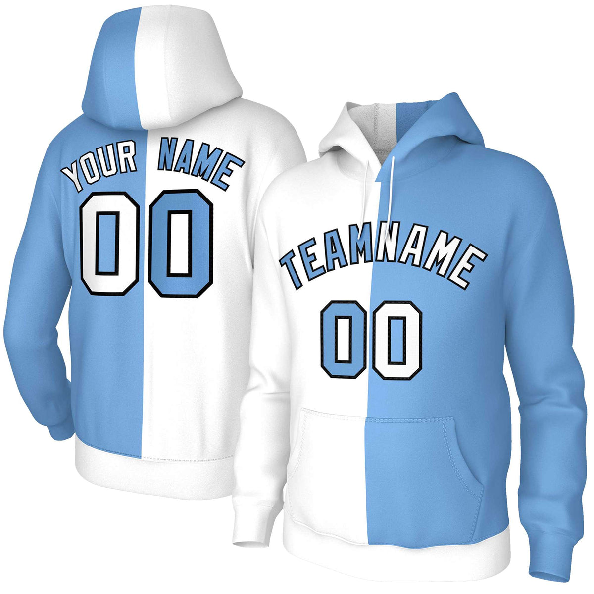 Custom White Light Blue Light Blue-Black Split Fashion Stitched Sportwear Pullover Hoodie| KXKSHOP