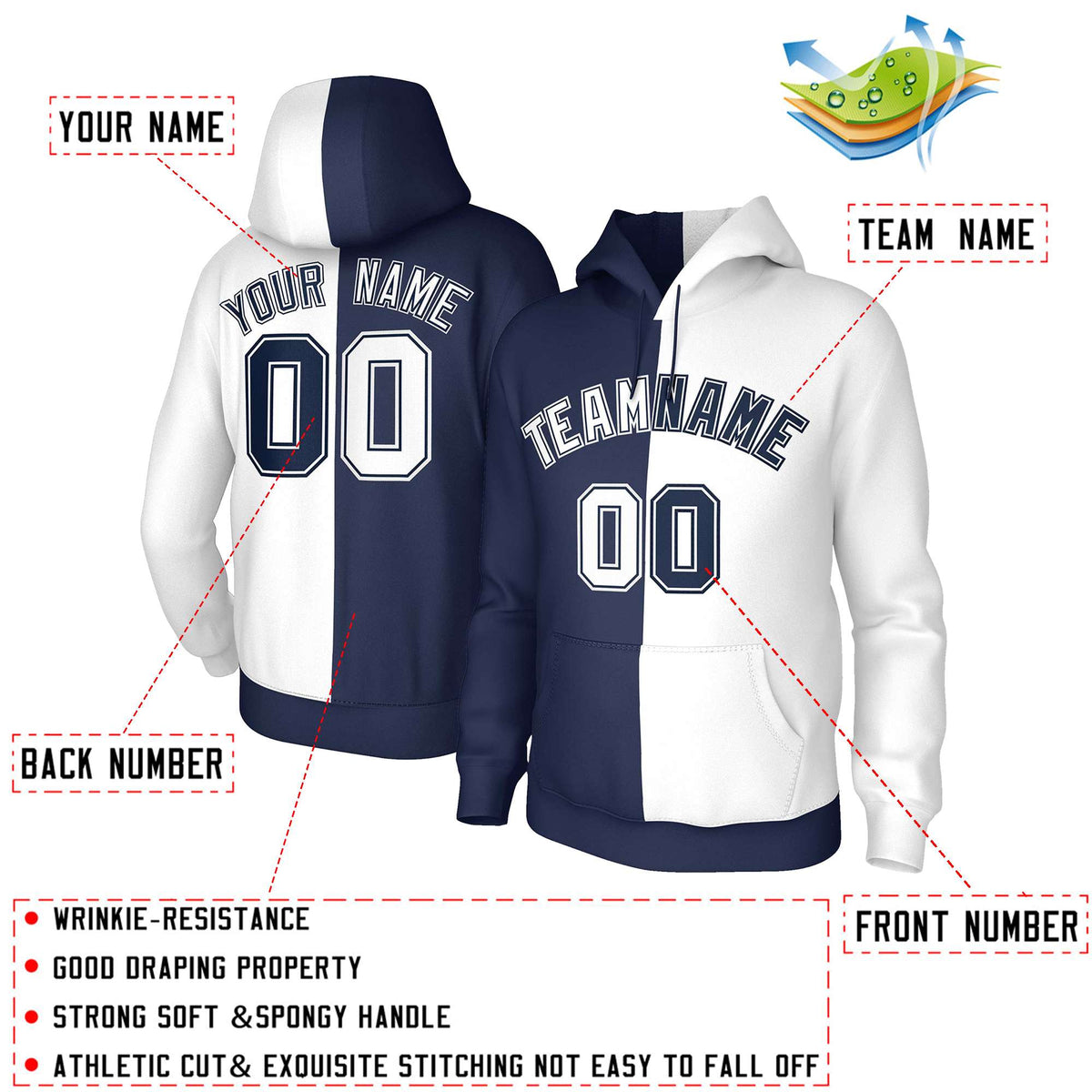 Custom Navy White White-Navy Split Fashion Stitched Sportwear Pullover Hoodie| KXKSHOP