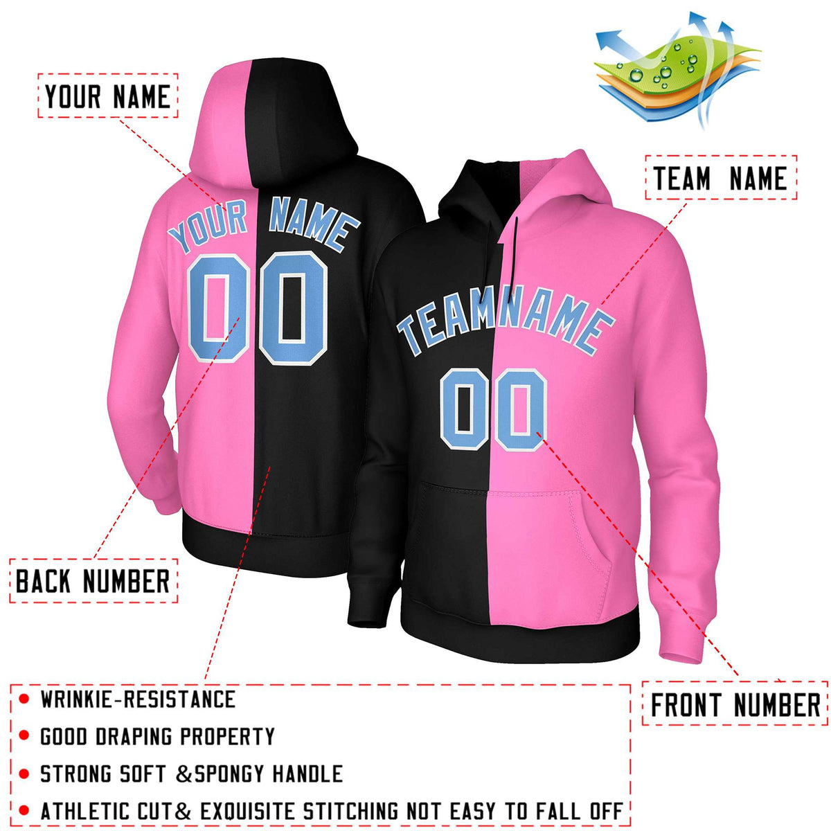 Custom Black Pink Light Blue-White Split Fashion Stitched Sportwear Pullover Hoodie| KXKSHOP