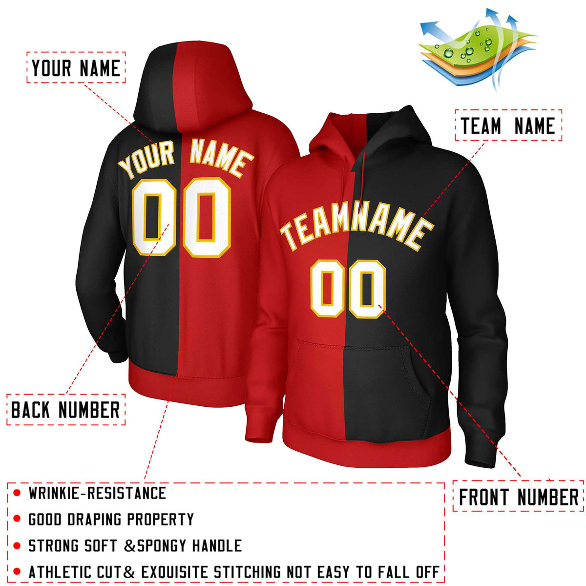 Custom Red Black White-Gold Split Fashion Stitched Sportwear Pullover Hoodie| KXKSHOP