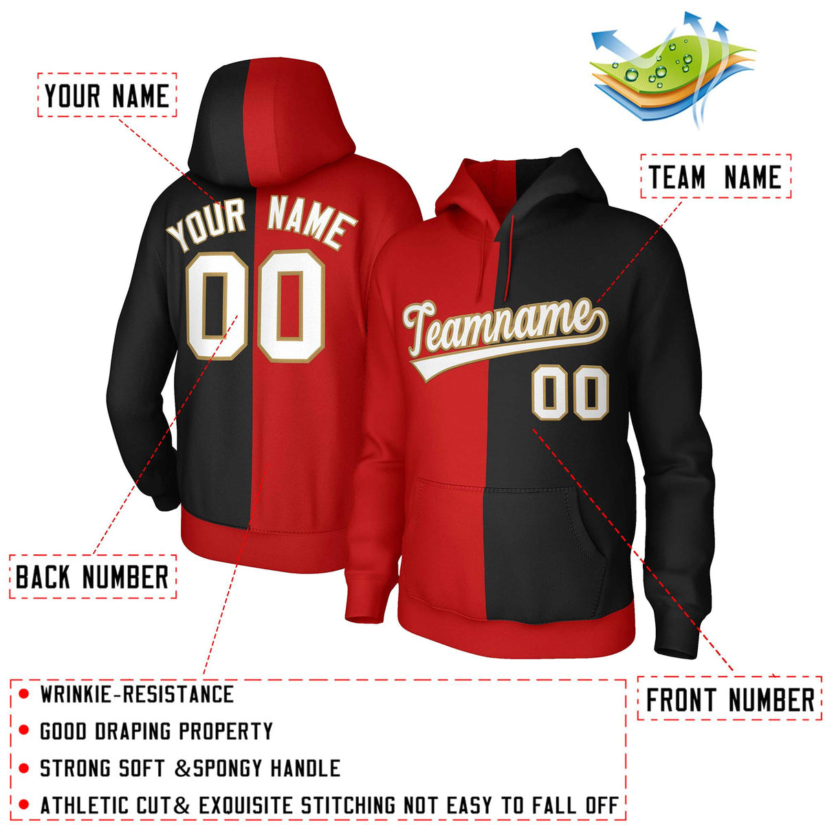 Custom Red Black White-Old Gold Split Fashion Stitched Sportwear Pullover Hoodie| KXKSHOP