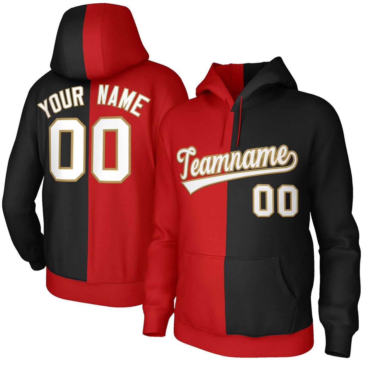 Custom Red Black White-Old Gold Split Fashion Stitched Sportwear Pullover Hoodie| KXKSHOP