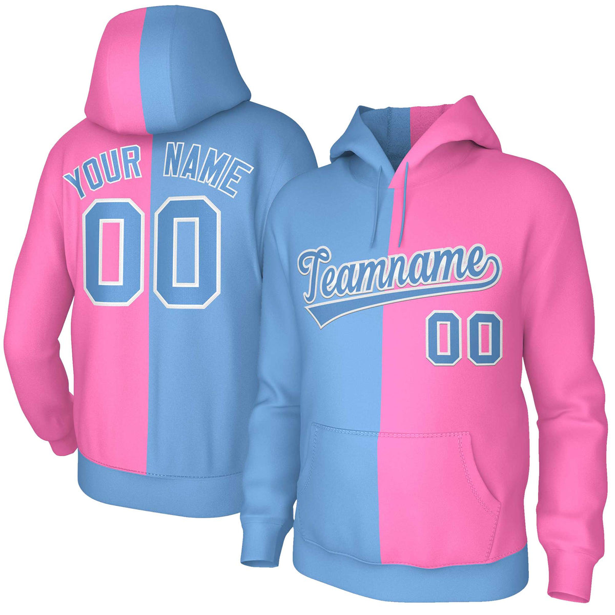 Custom Light Blue Pink Light Blue-White Split Fashion Stitched Sportwear Pullover Hoodie| KXKSHOP