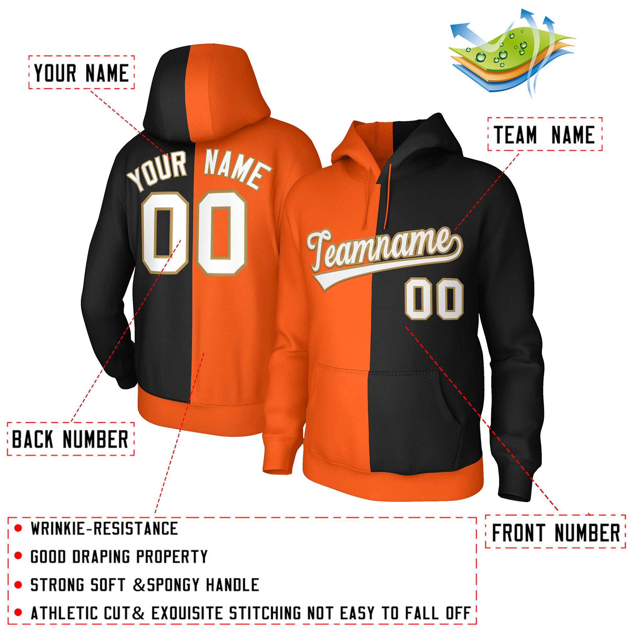 Custom Orange Black White-Old Gold Split Fashion Stitched Sportwear Pullover Hoodie| KXKSHOP