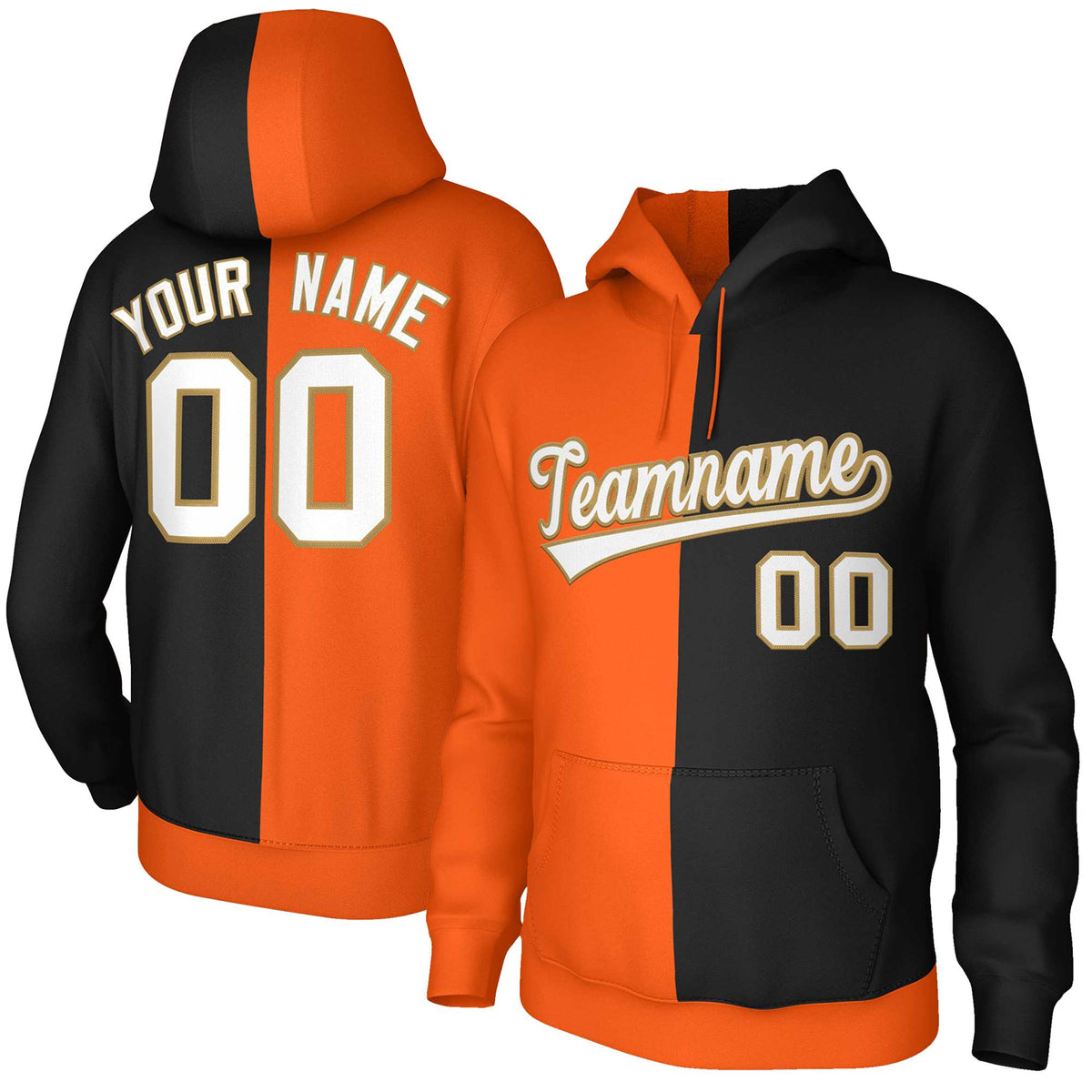 Custom Orange Black White-Old Gold Split Fashion Stitched Sportwear Pullover Hoodie| KXKSHOP
