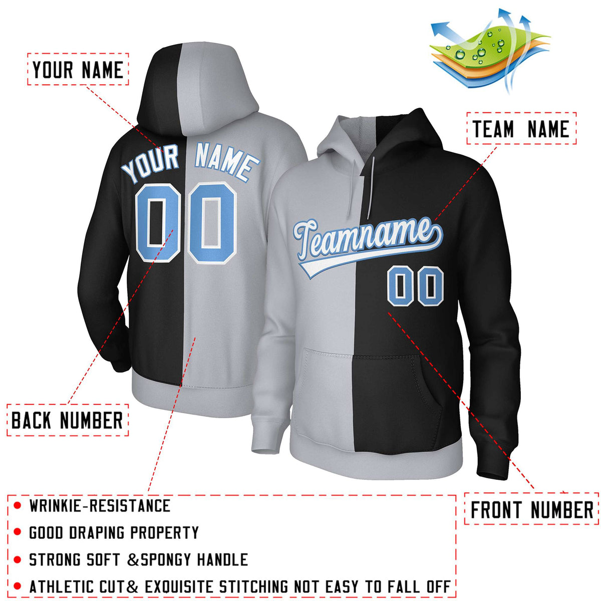 Custom Gray Black White-Light Blue Split Fashion Stitched Sportwear Pullover Hoodie| KXKSHOP