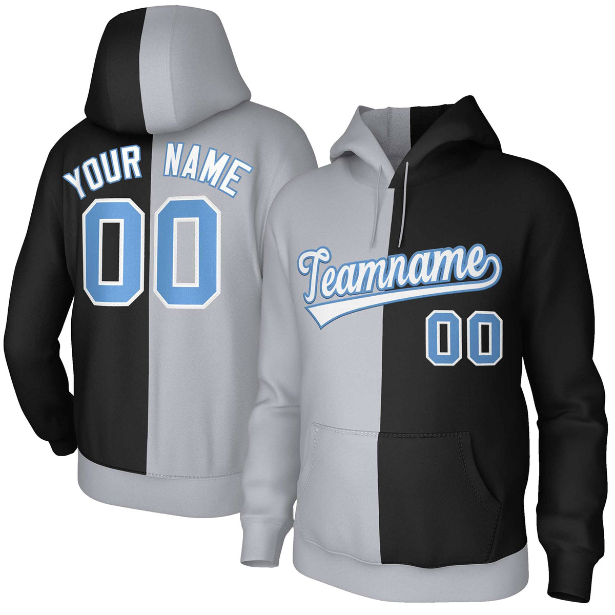 Custom Gray Black White-Light Blue Split Fashion Stitched Sportwear Pullover Hoodie| KXKSHOP