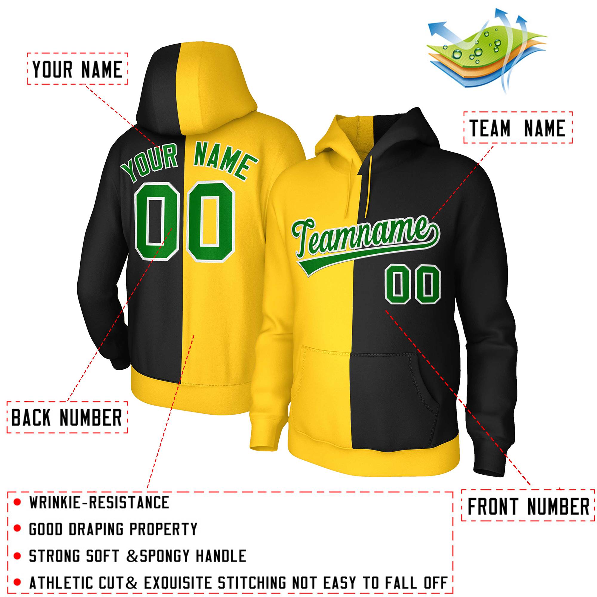 Custom Gold Black Kelly Green-White Split Fashion Stitched Sportwear Pullover Hoodie| KXKSHOP