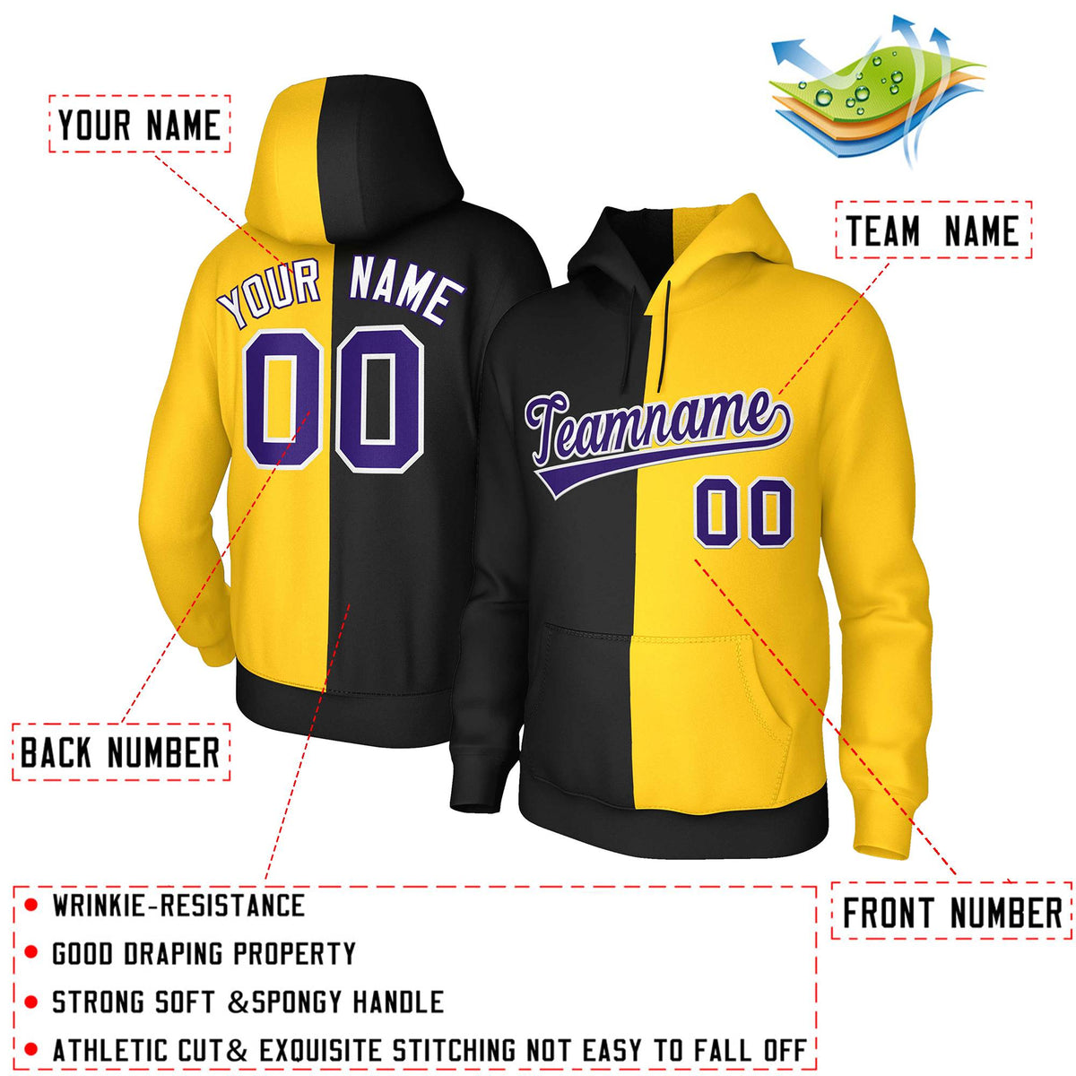 Custom Black Gold Purple-White Split Fashion Stitched Sportwear Pullover Hoodie| KXKSHOP
