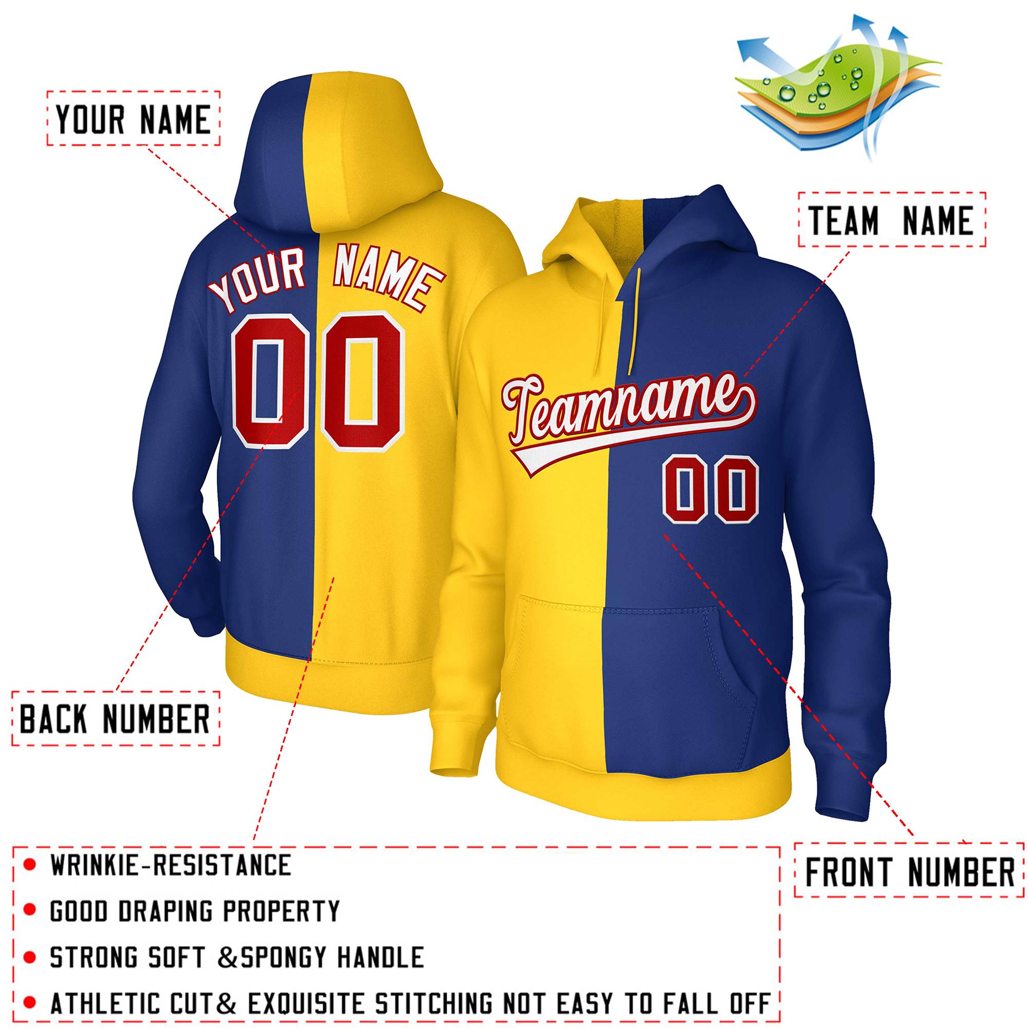 Custom Gold Royal White-Red Split Fashion Stitched Sportwear Pullover Hoodie| KXKSHOP