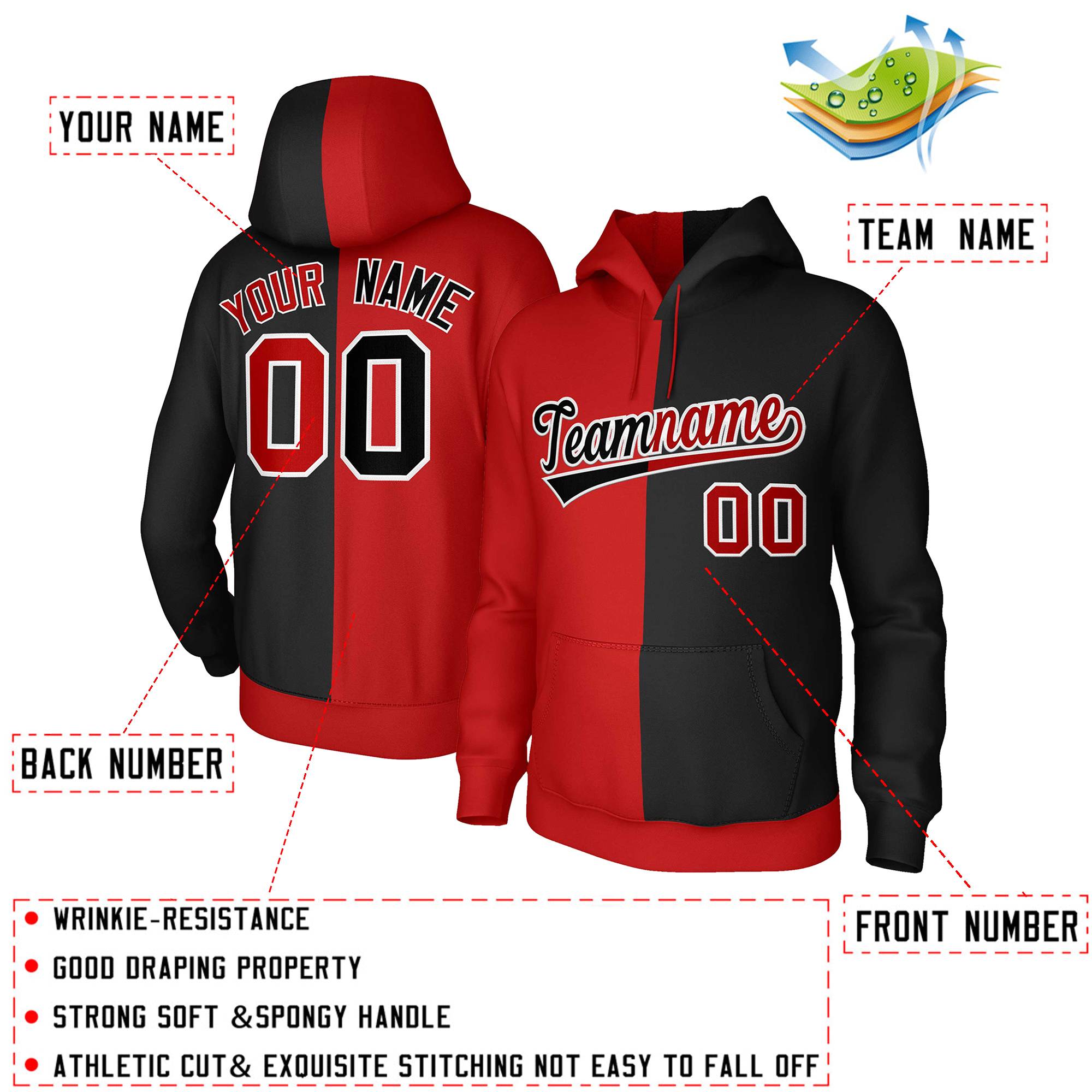 Custom Red Black-White Split Fashion Stitched Sportwear Pullover Hoodie| KXKSHOP