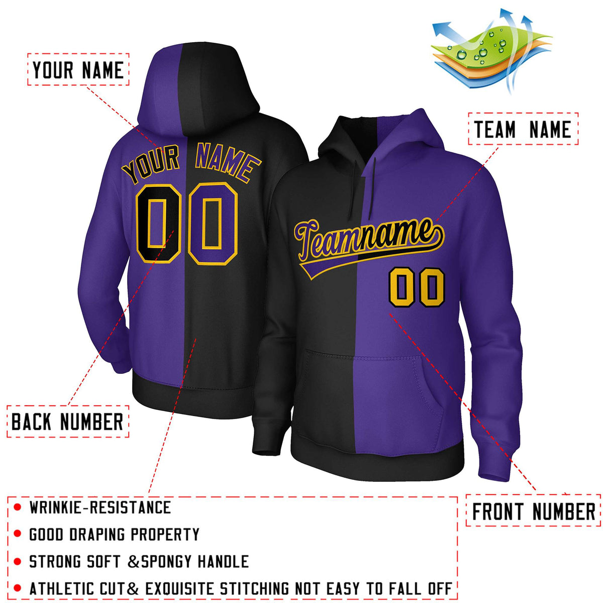 Custom Black Purple Purple-Gold Split Fashion Stitched Sportwear Pullover Hoodie| KXKSHOP