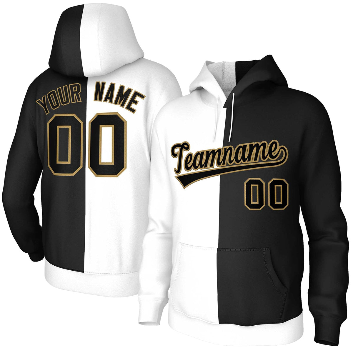 Custom White Black-Old Gold Split Fashion Stitched Sportwear Pullover Hoodie| KXKSHOP