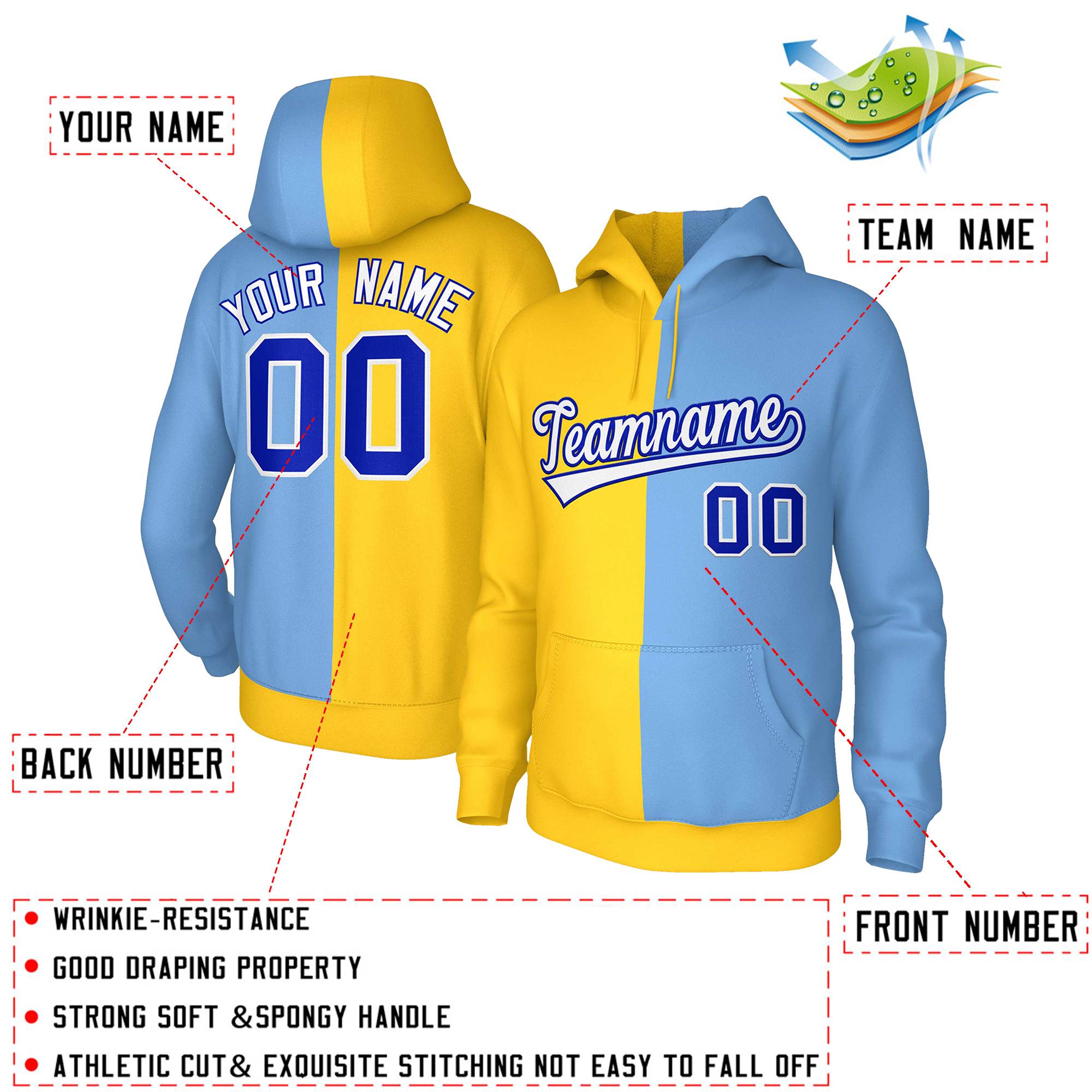 Custom Gold Light Blue White-Royal Split Fashion Stitched Sportwear Pullover Hoodie| KXKSHOP