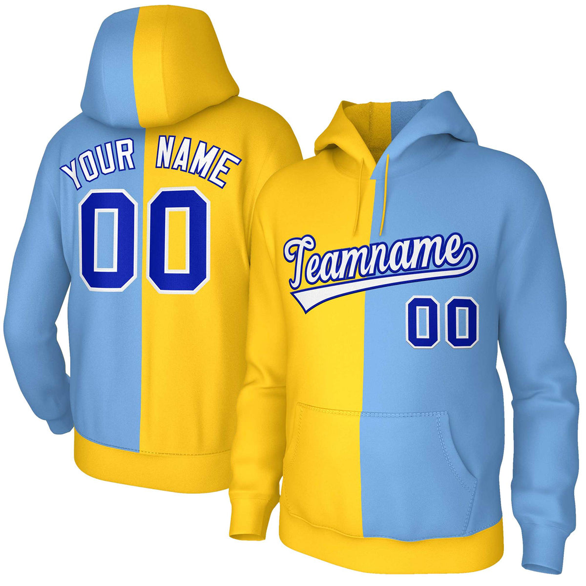 Custom Gold Light Blue White-Royal Split Fashion Stitched Sportwear Pullover Hoodie| KXKSHOP